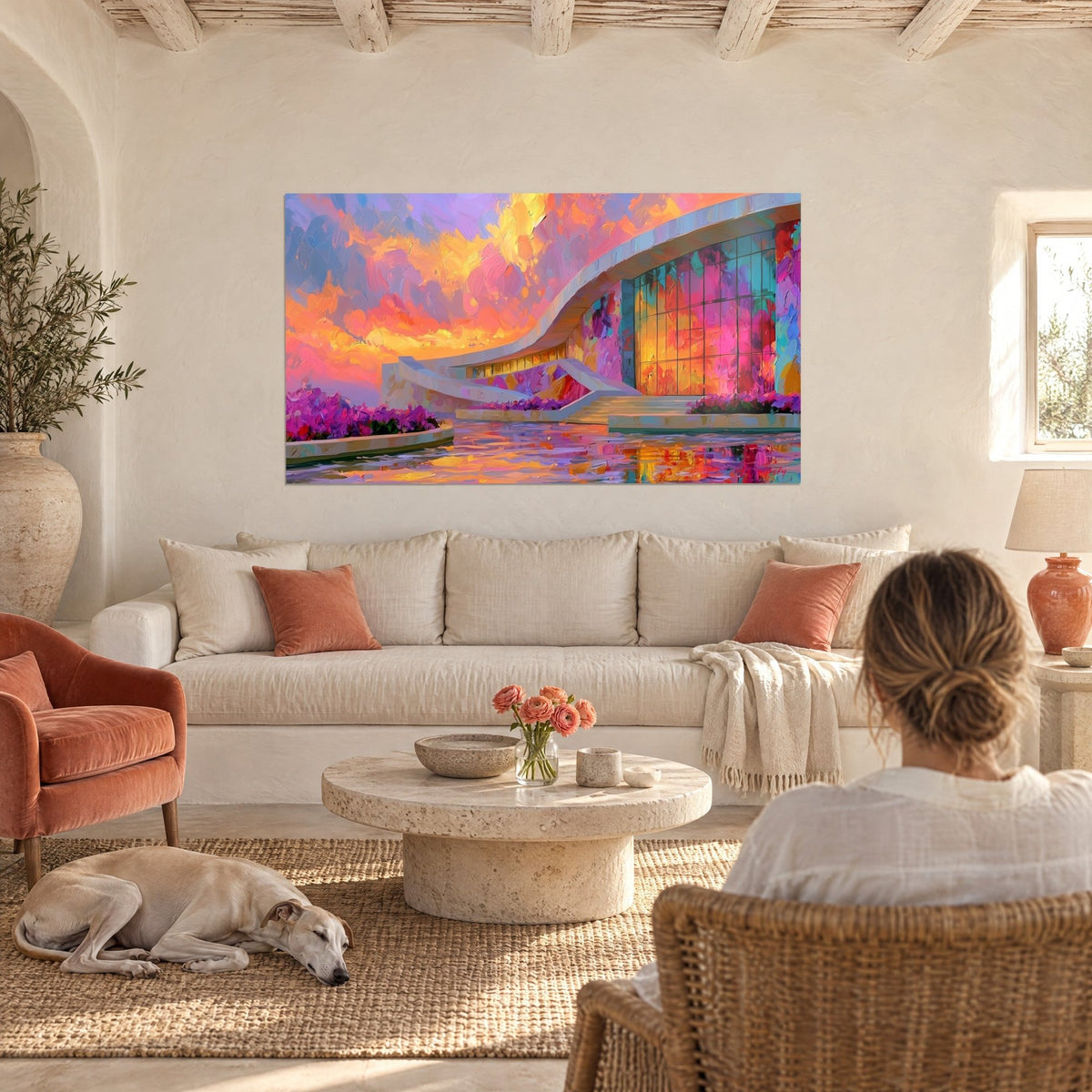 Tableau édifice aux courbes blanches, ciel orange et violet, façade vitrée rose, au-dessus d'un canapé dans un salon lumineux