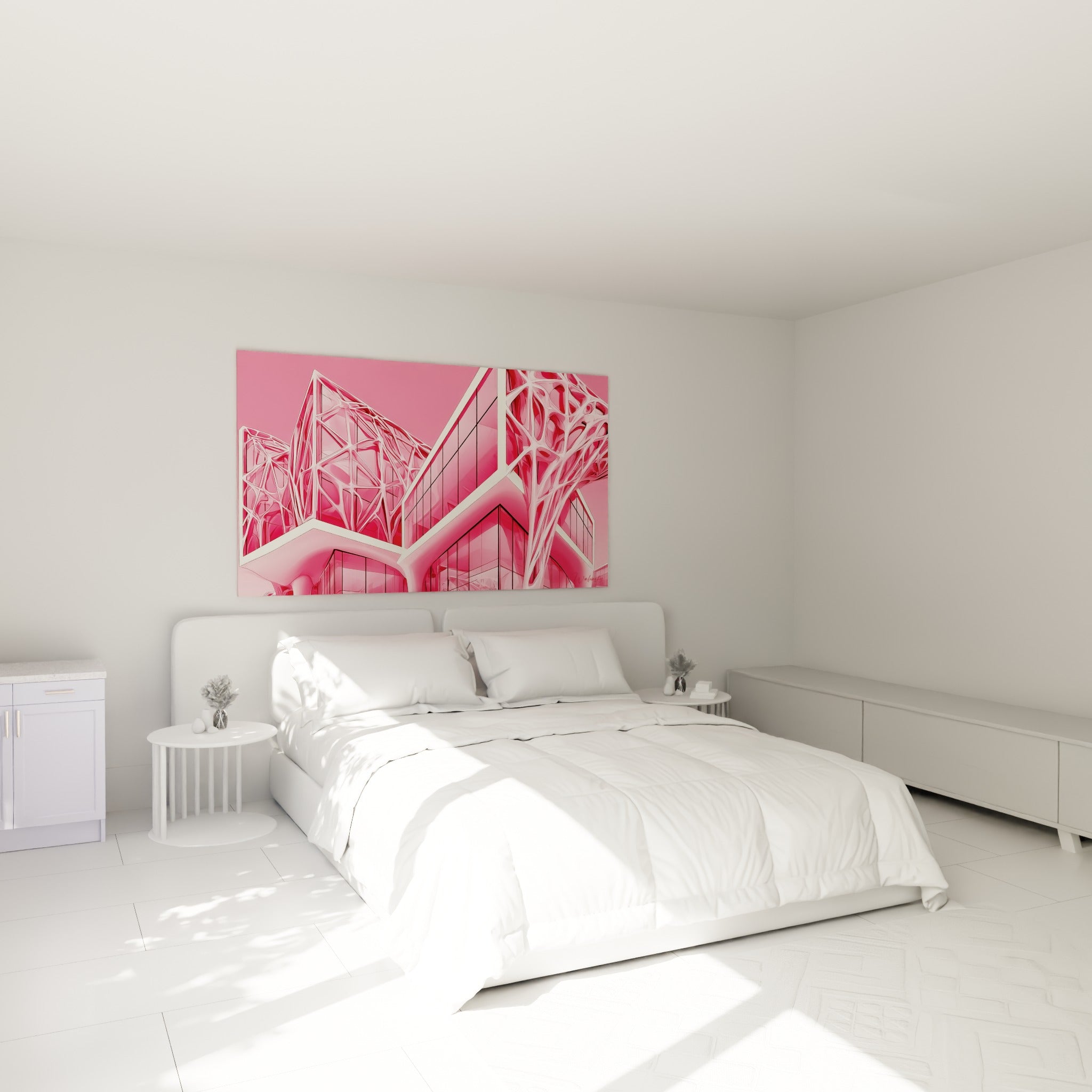 Structures architecturales roses et blanches accrochées au-dessus d'un lit dans une chambre claire
