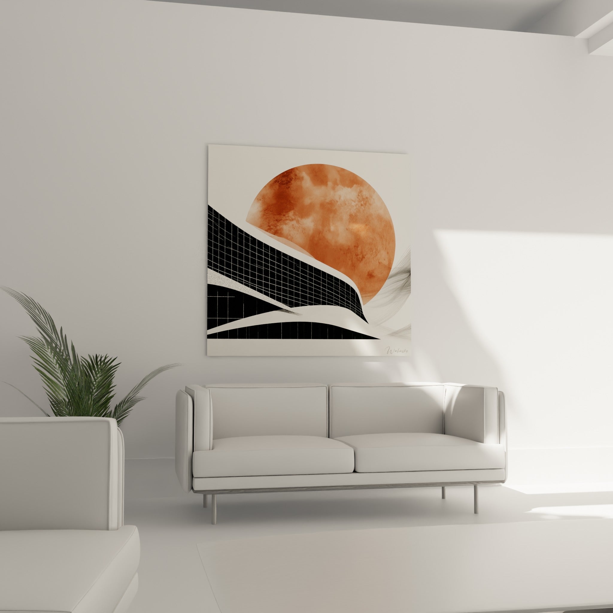 Silhouette architecture abstrait ondulée noire et terracotta au-dessus d'un canapé dans un salon lumineux