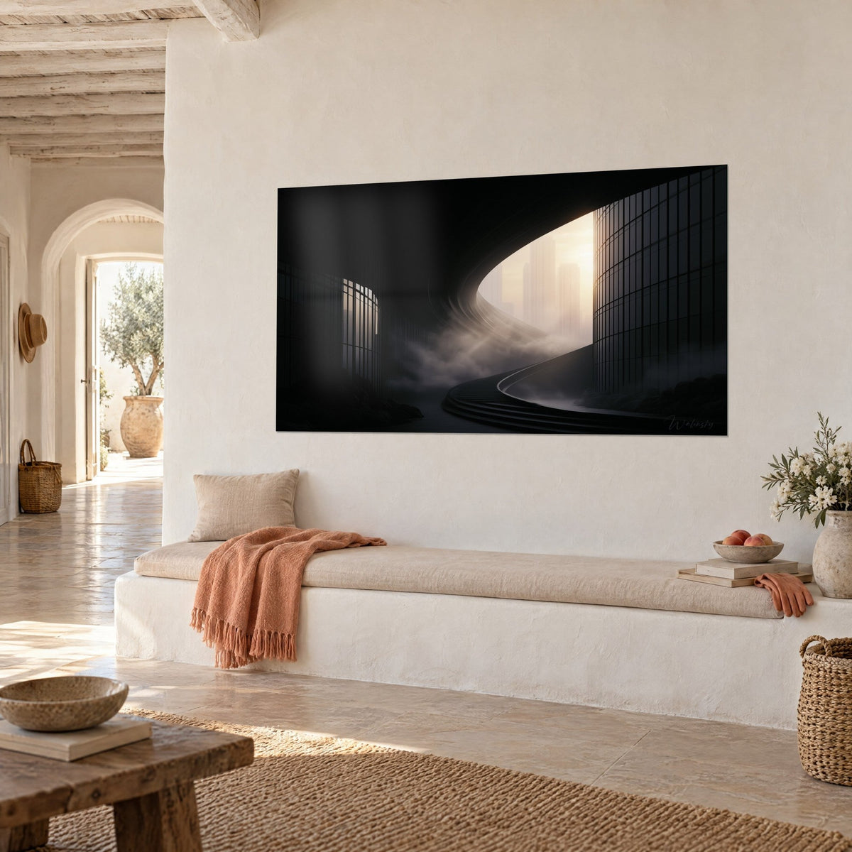 Tableau passage sombre ouvert sur des gratte-ciel dorés dans la brume, ocre et noir, banquette blanche, maison méditerranéenne