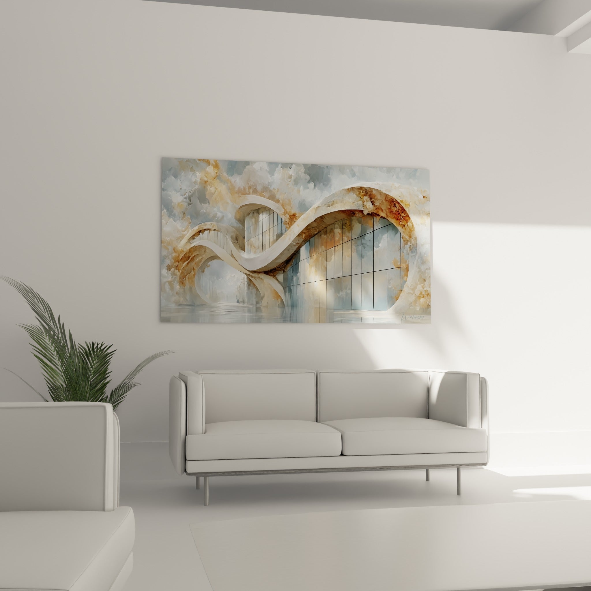 Vagues architecturales blanches et terracotta d'une œuvre abstraite, au-dessus d'un canapé dans un salon lumineux