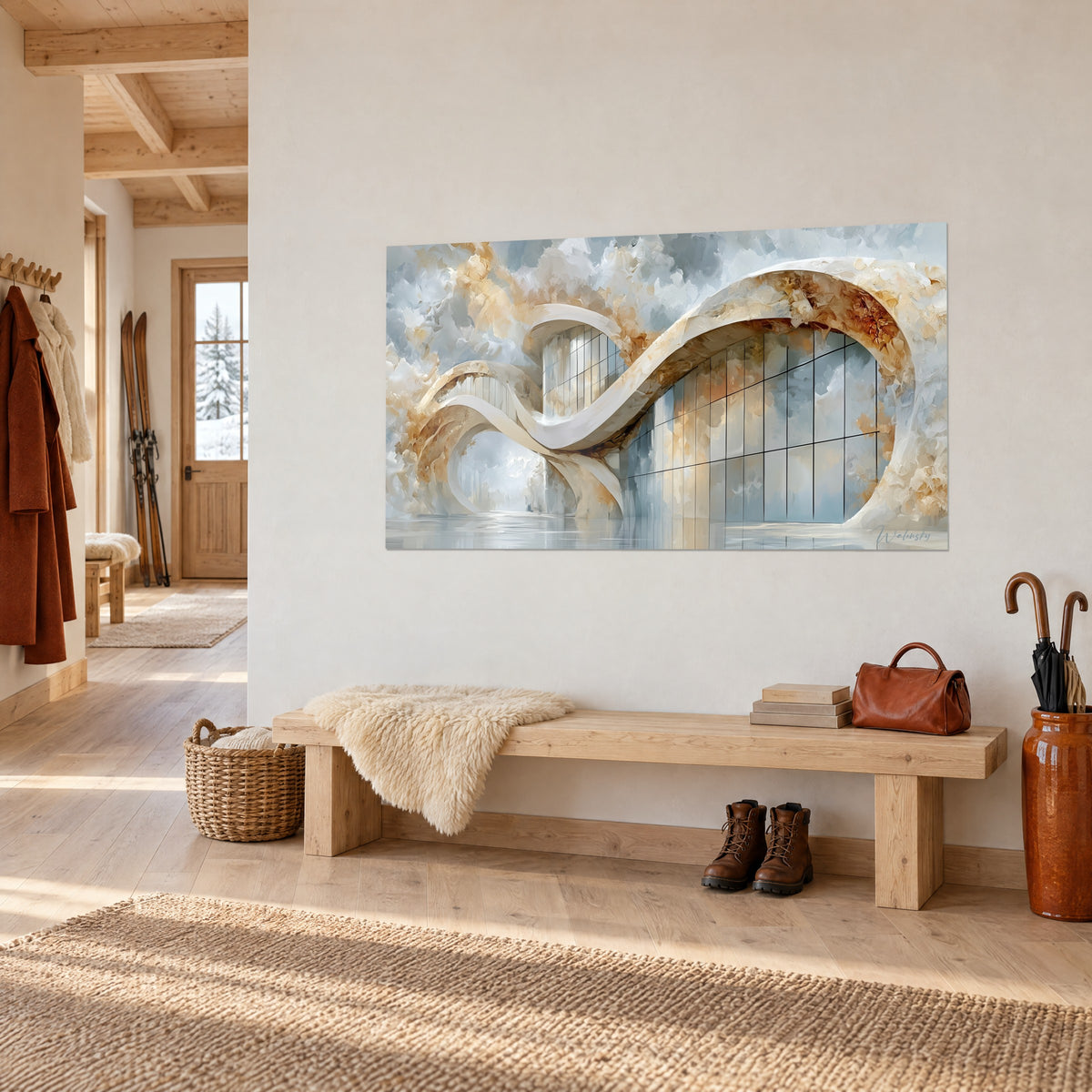 Quadro architettura fluida con anelli avorio e dorati, facciata in vetro grigio, vista di tre quarti, corridoio di chalet