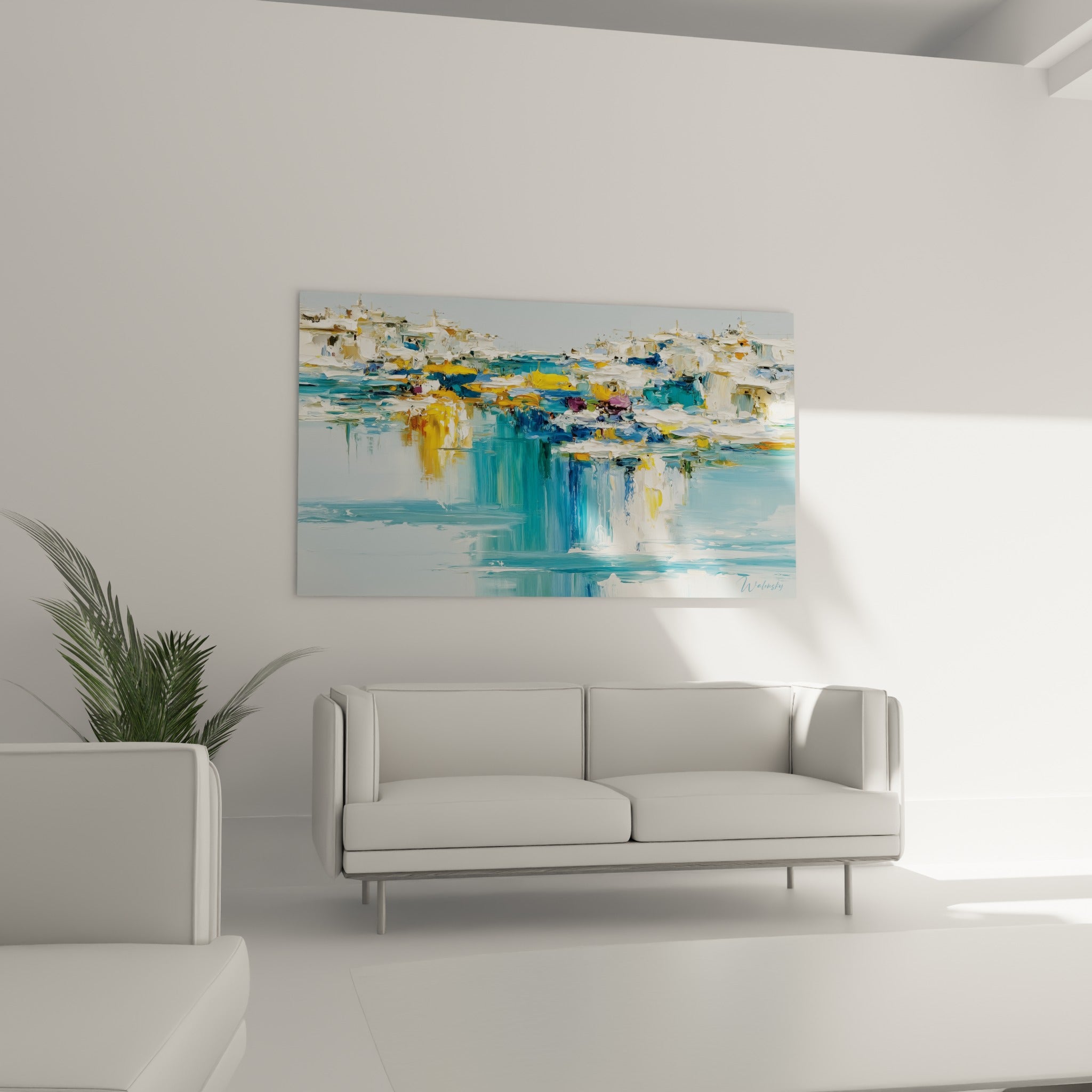 Façades blanches et bleu marine du tableau architecture abstrait au-dessus d'un canapé dans un salon lumineux