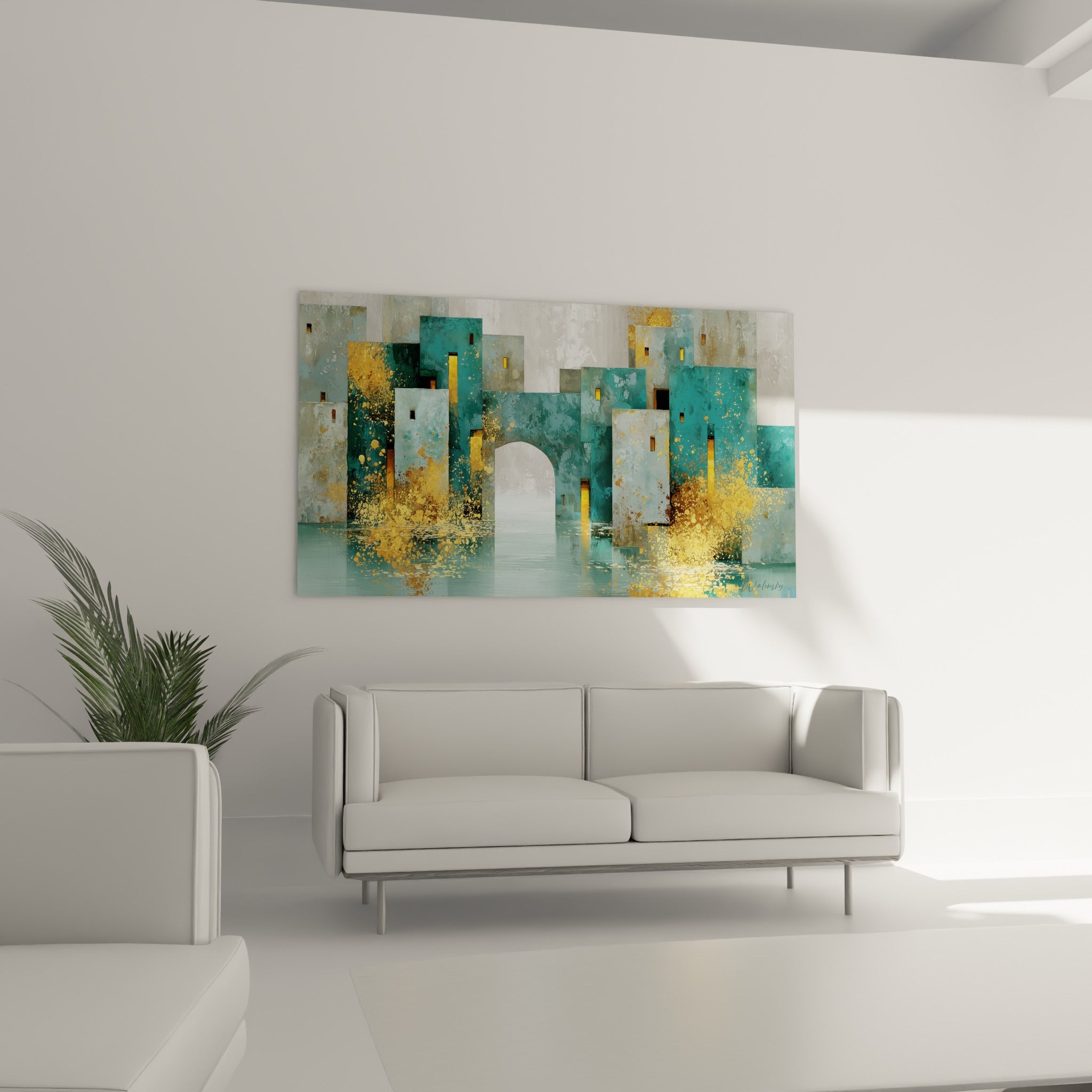 Arche lumineuse et façades gris perle du tableau architecture abstrait au-dessus d'un canapé dans un salon lumineux