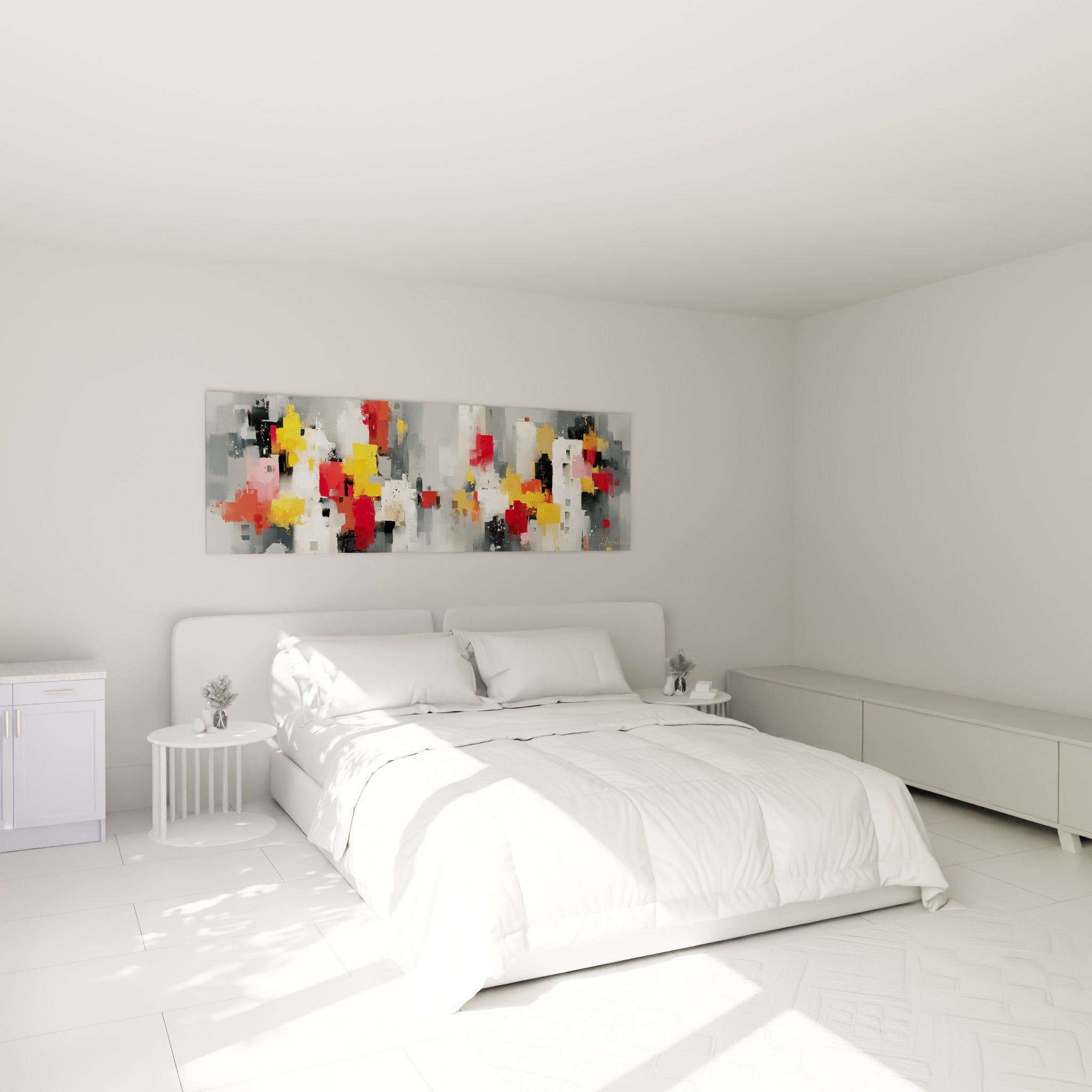 Composition urbaine abstraite grise et rose poudré au-dessus d'un lit dans une chambre claire