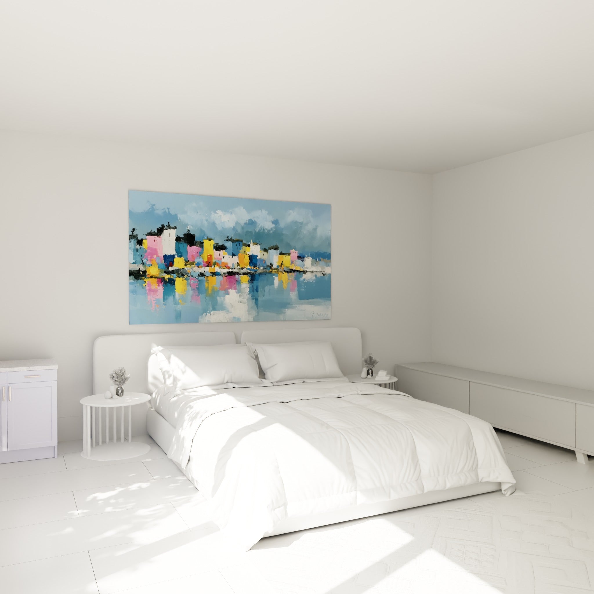 Façades roses et dorées d'un village portuaire abstrait au-dessus d'un lit dans une chambre claire