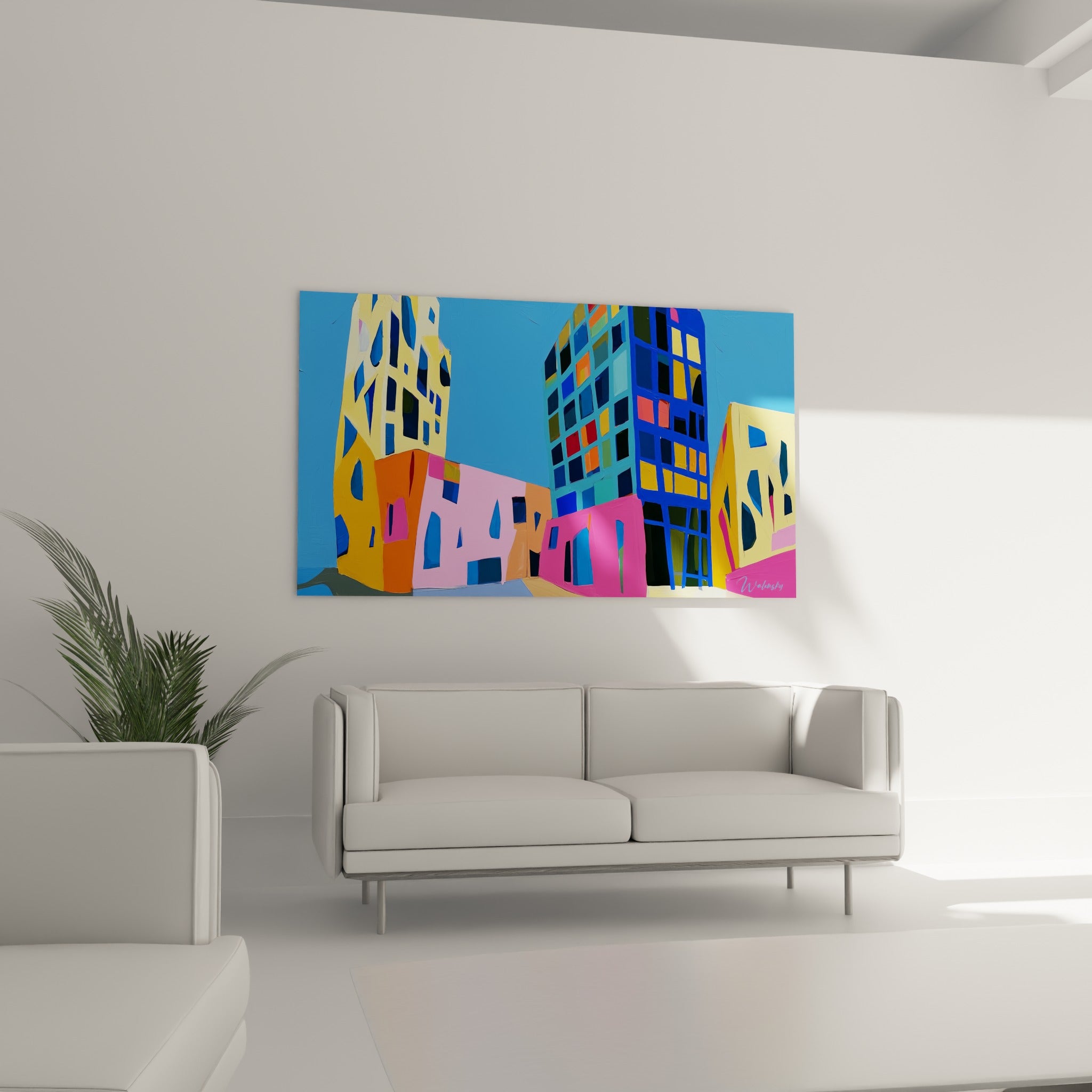 Façades géométriques d'architecture abstrait jaune doré et turquoise au-dessus d'un canapé dans un salon lumineux