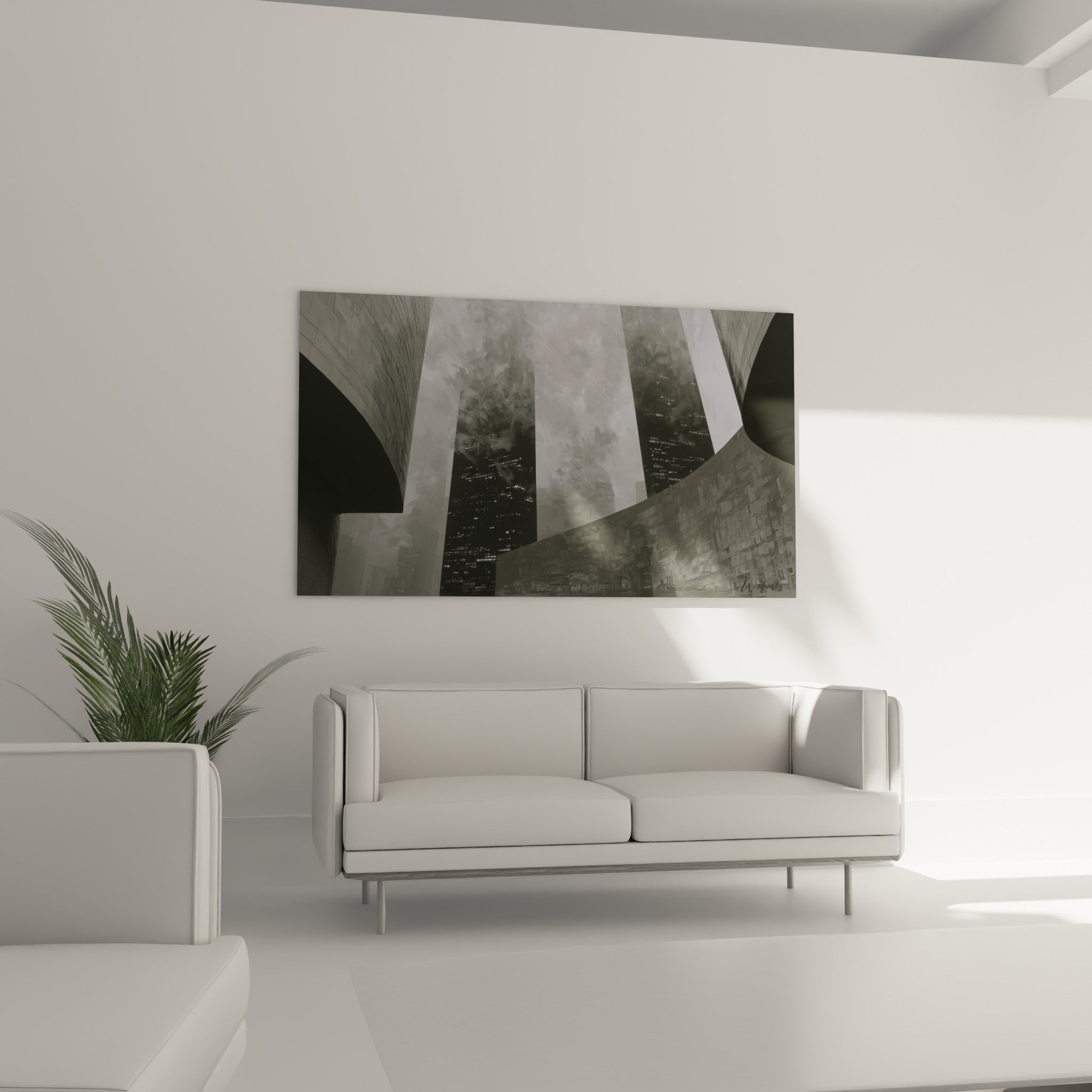Façades vitrées gris pâle et immeubles noirs illuminés, disposées au-dessus d'un canapé dans un salon lumineux
