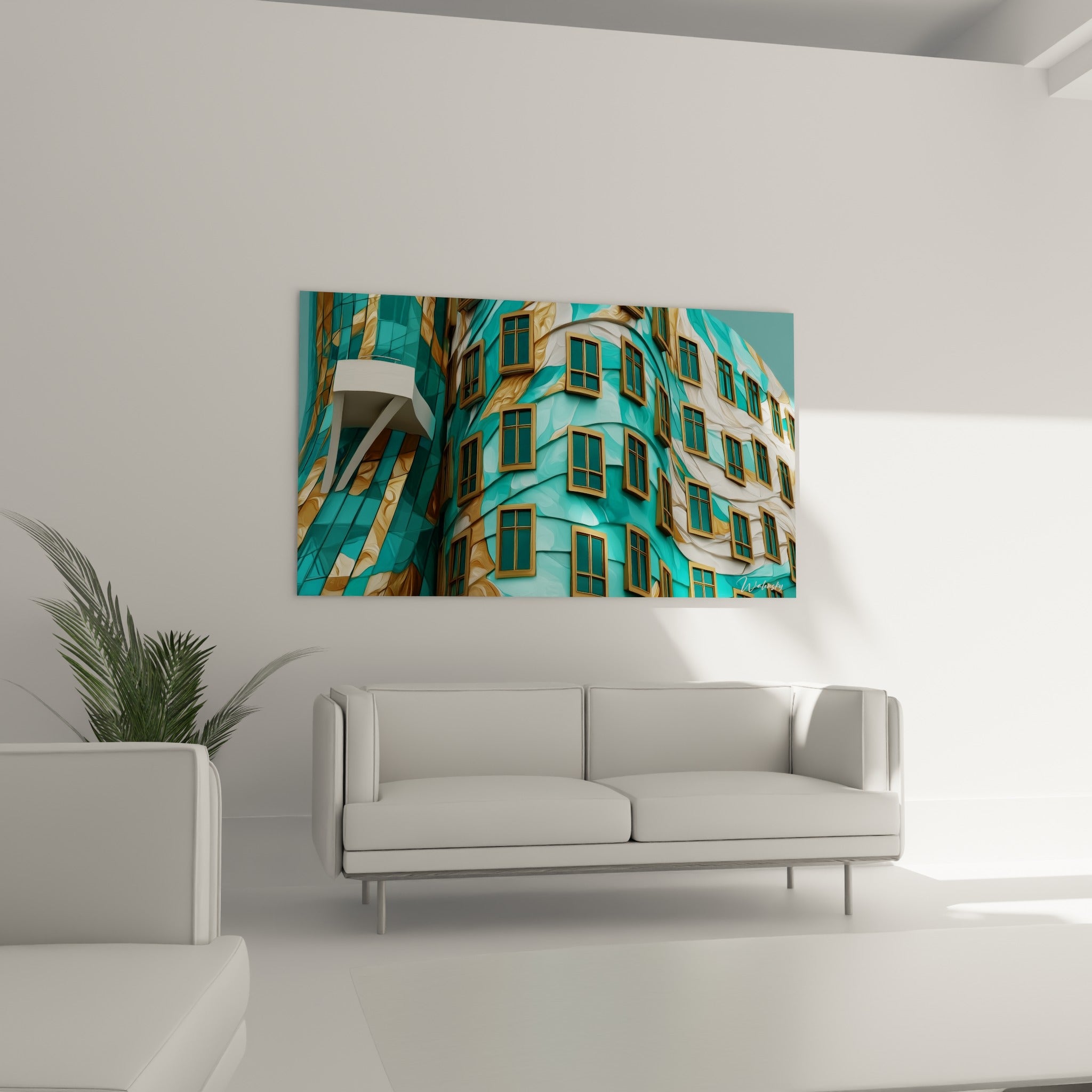 Fenêtres cuivrées sur fond turquoise d'une architecture abstraite au-dessus d'un canapé dans un salon lumineux
