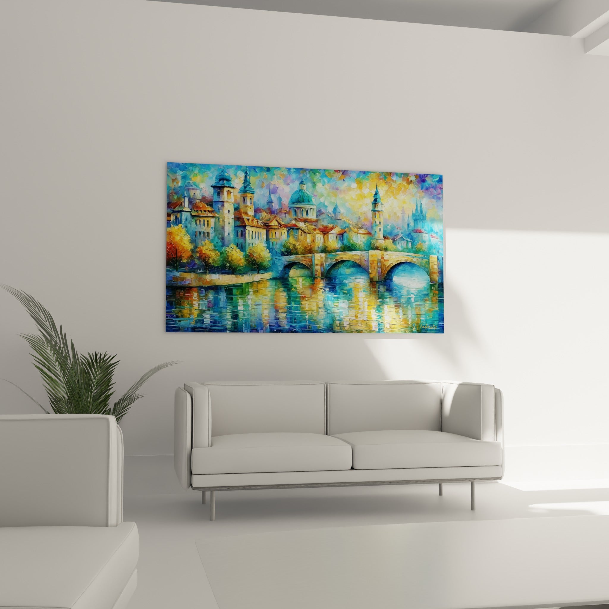 Fleuve turquoise et façades ocre d'une ville historique, au-dessus d'un canapé dans un salon lumineux