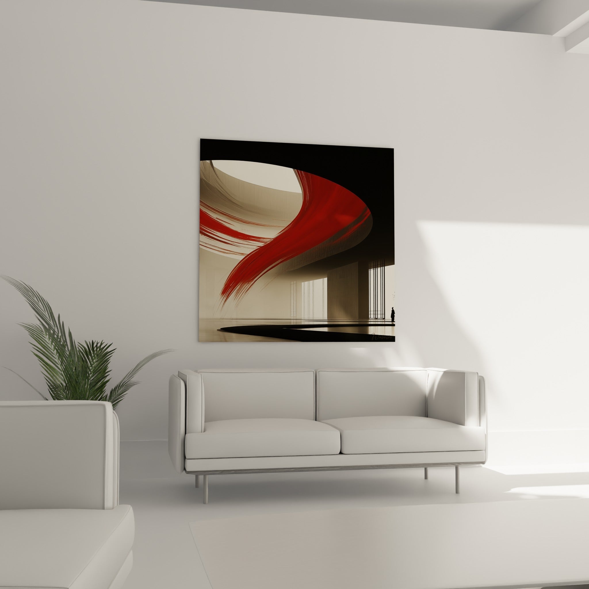 Geste rouge fauve et courbe beige de l'architecture abstrait au-dessus d'un canapé dans un salon lumineux