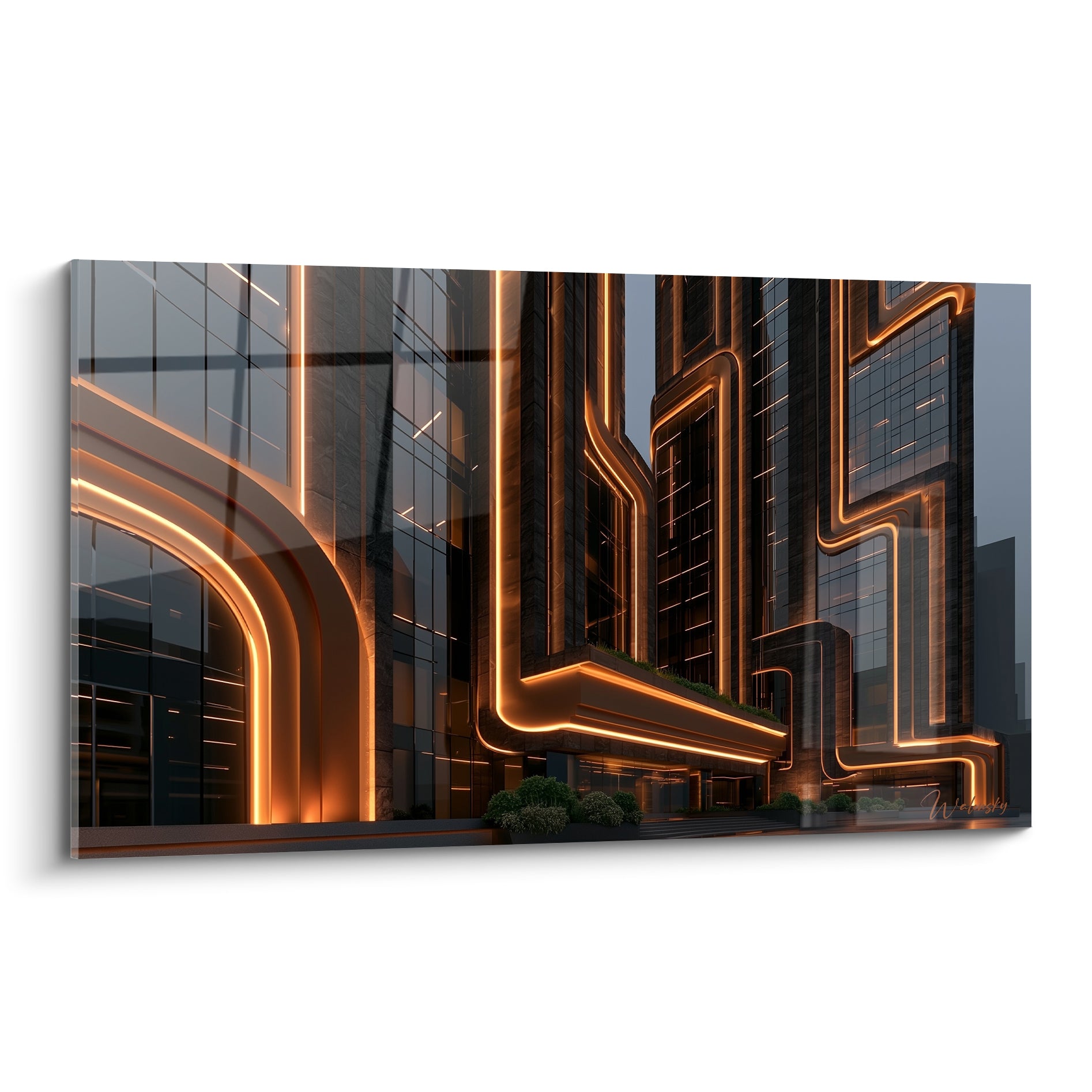 Gratte-ciel anthracite et lignes ambrées lumineuses composent cette architecture abstrait au crépuscule