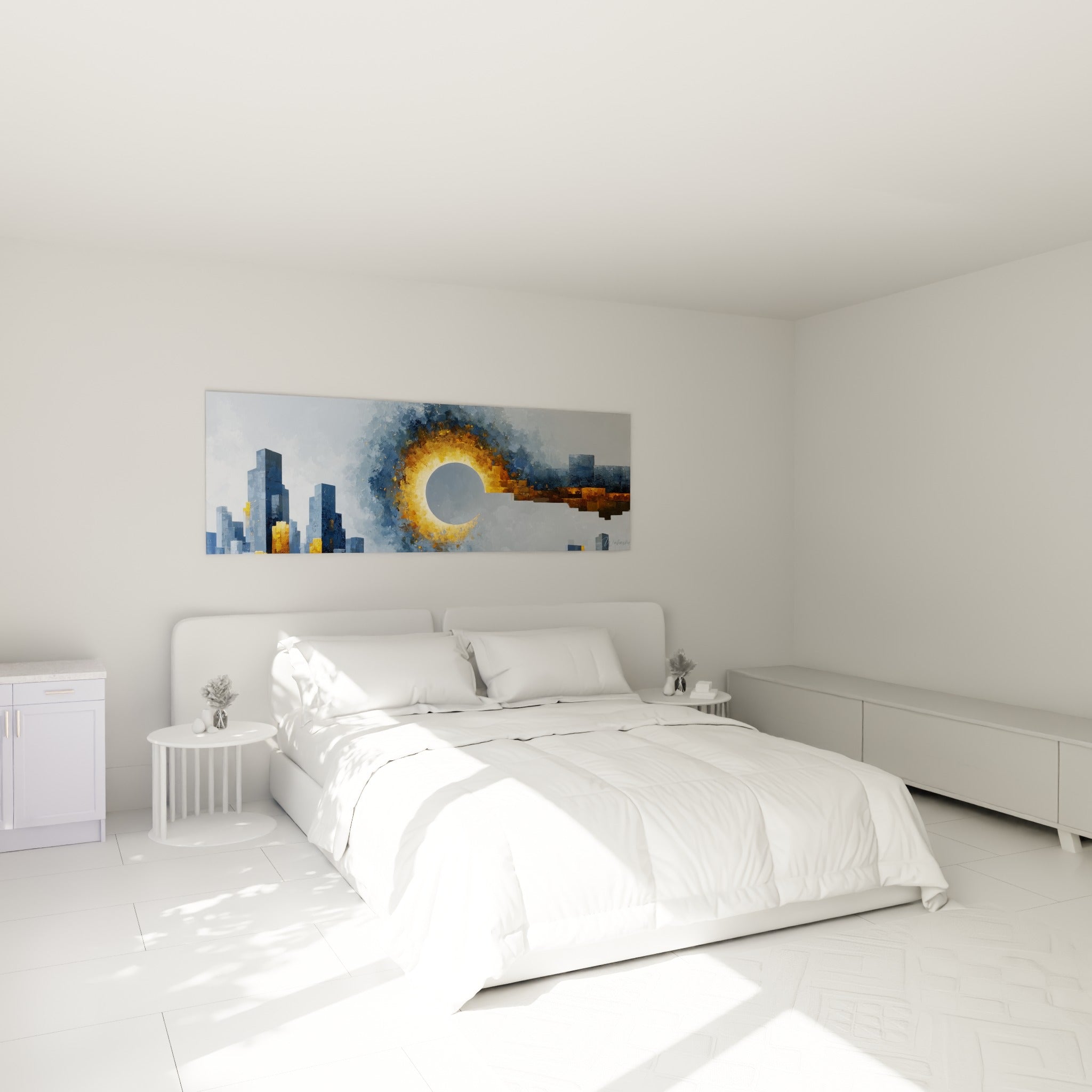 Gratte-ciel anthracite et éclipse dorée, tableau architecture abstrait au-dessus d'un lit dans une chambre claire