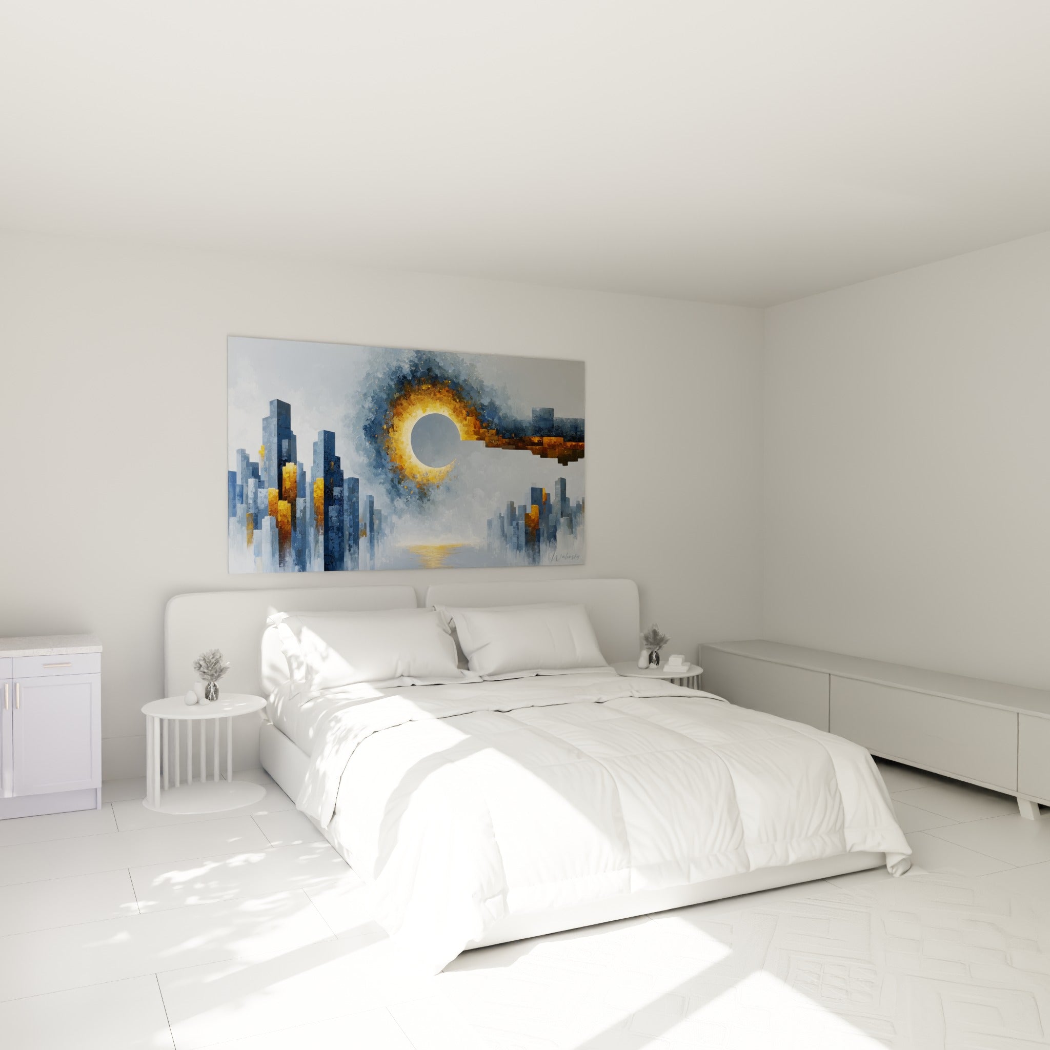 Gratte-ciel anthracite et lumière dorée, tableau architecture abstrait au-dessus d'un lit dans une chambre claire