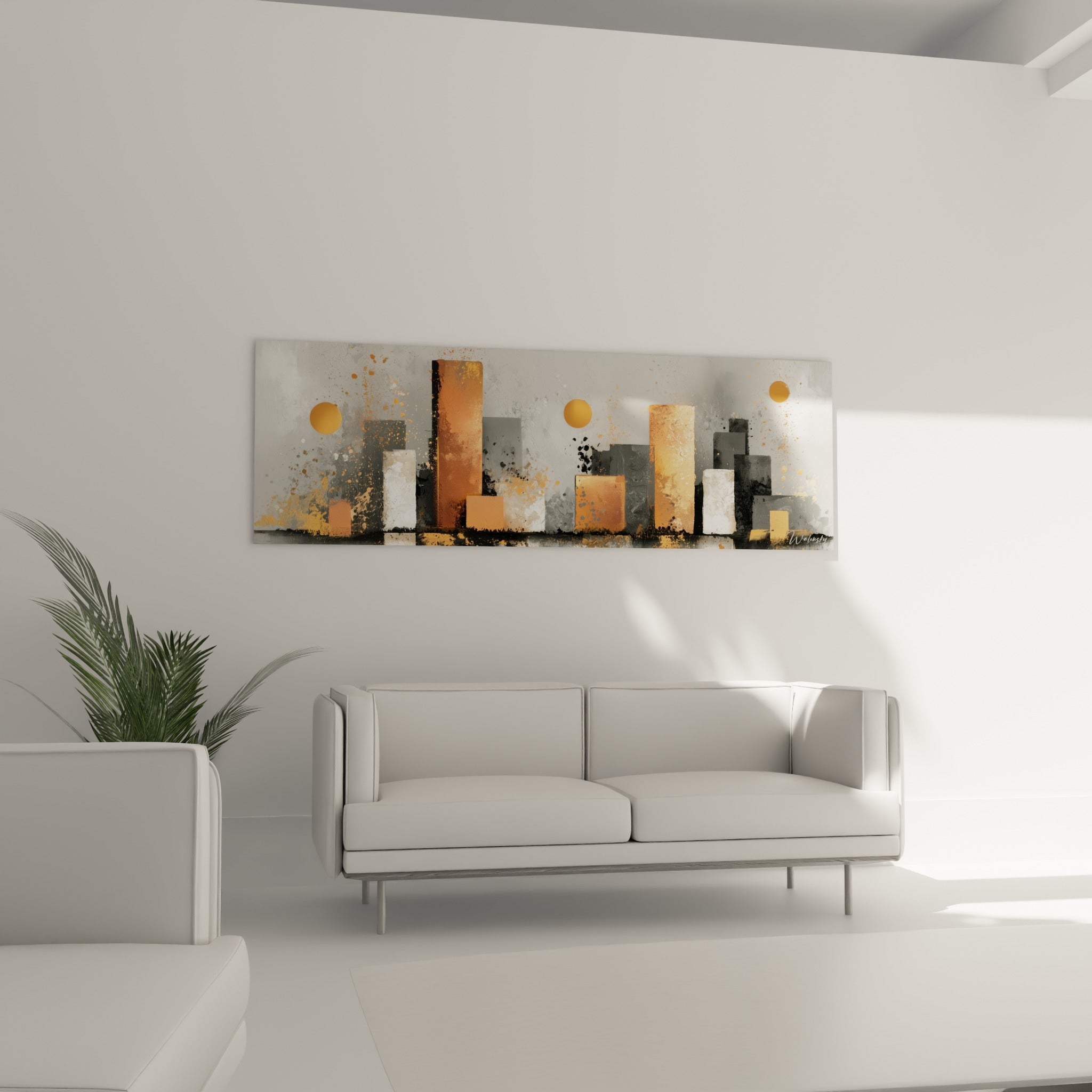 Gratte-ciel stylisés en orange brûlé et blanc cassé, disposés au-dessus d'un canapé dans un salon lumineux