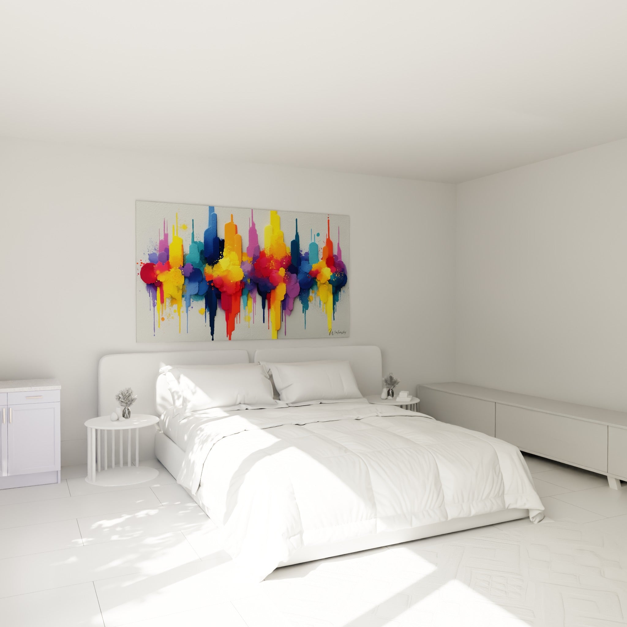 Gratte-ciel coloré jaune et violet en éclaboussures, accroché au-dessus d'un lit dans une chambre claire