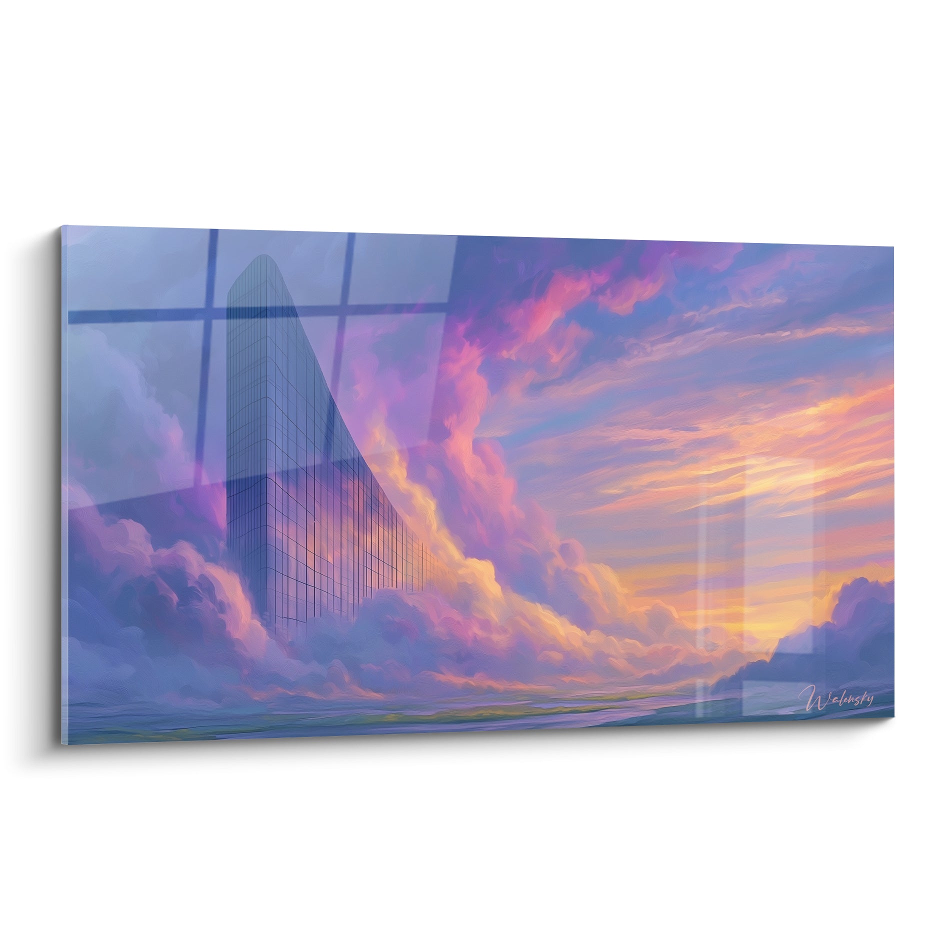 Gratte-ciel de verre violet et doré sous un ciel embrasé, tableau architecture abstrait aux nuages lumineux