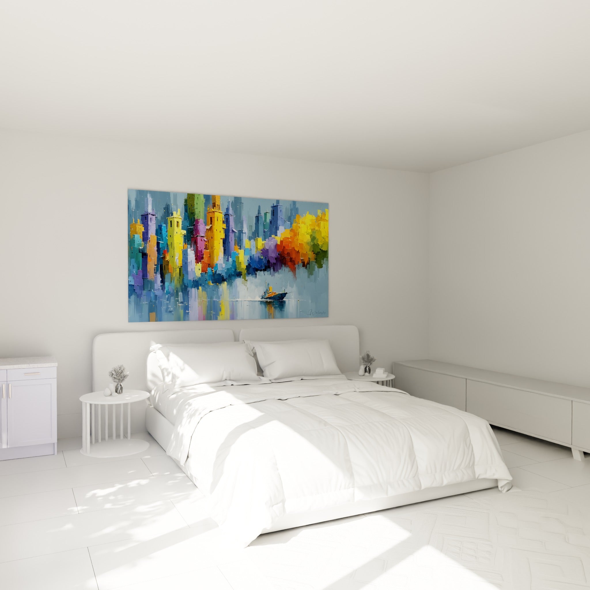 Immeubles bleu marine et dorés d'un tableau architecture abstrait au-dessus d'un lit dans une chambre claire