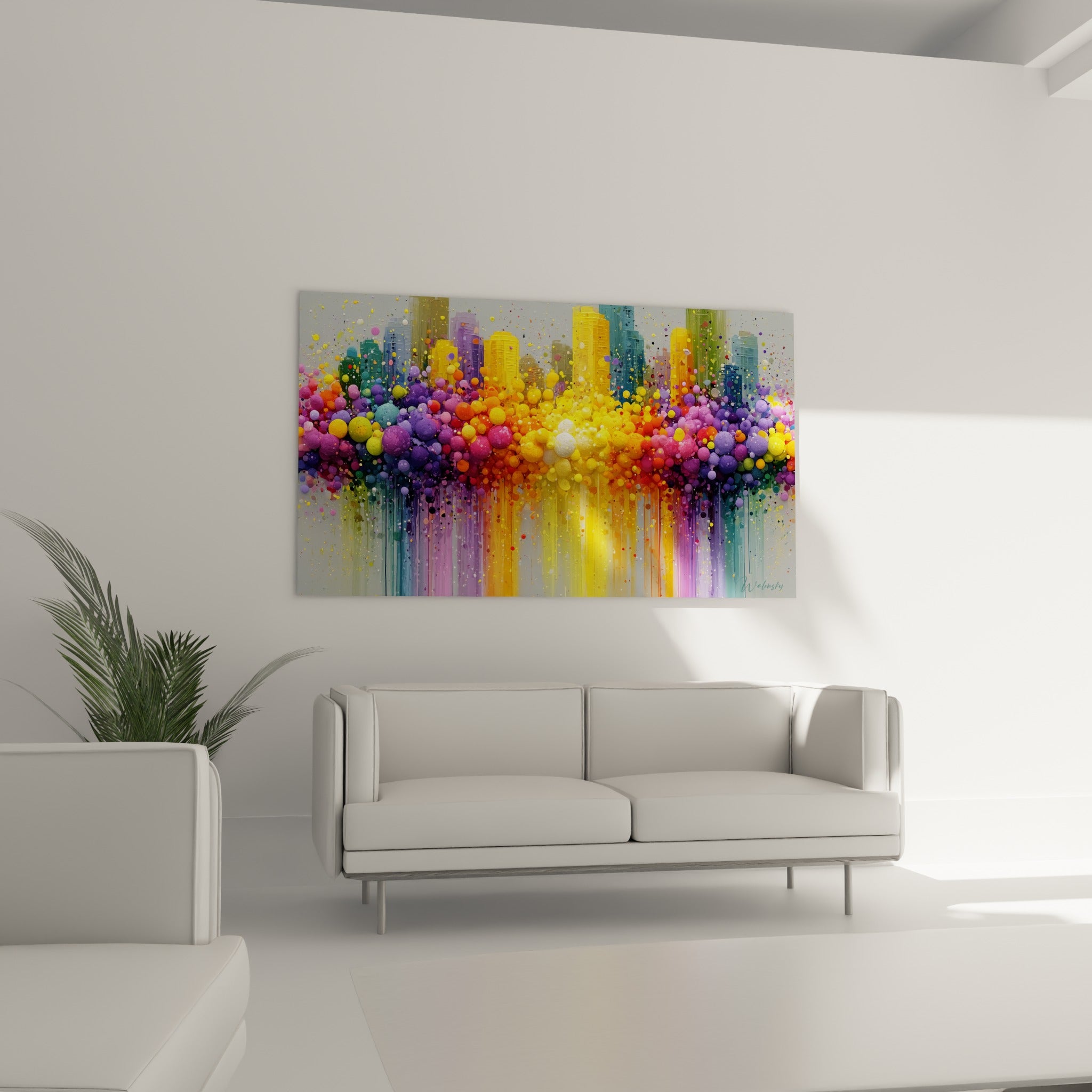 Gratte-ciel dissous en sphères violettes et dorées, tableau architecture abstrait au-dessus d'un canapé dans un salon lumineux