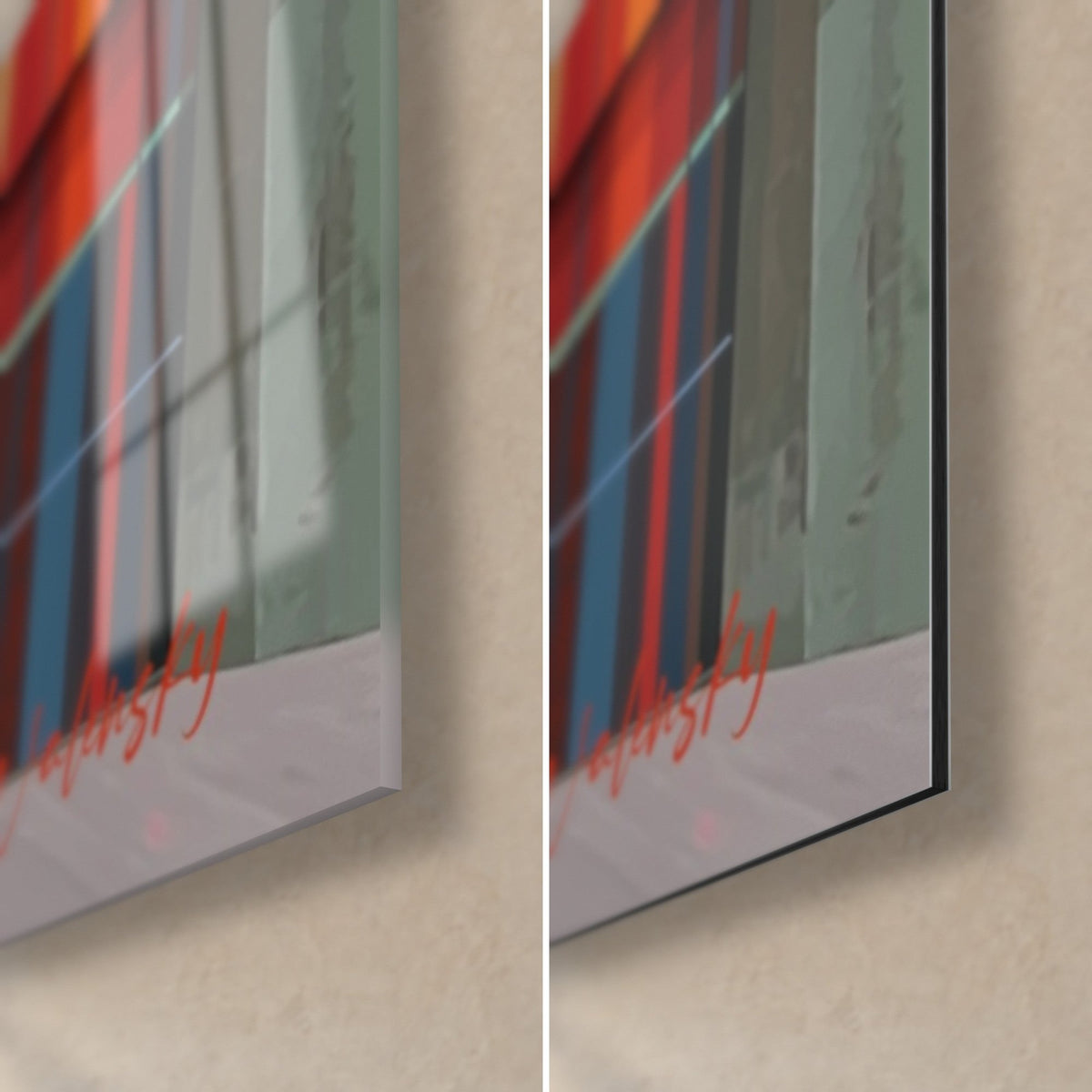 Tableau architecture abstraite, coin bas droit : bandes rouges et bleues, verre acrylique brillant à gauche, alu Dibond mat à droite