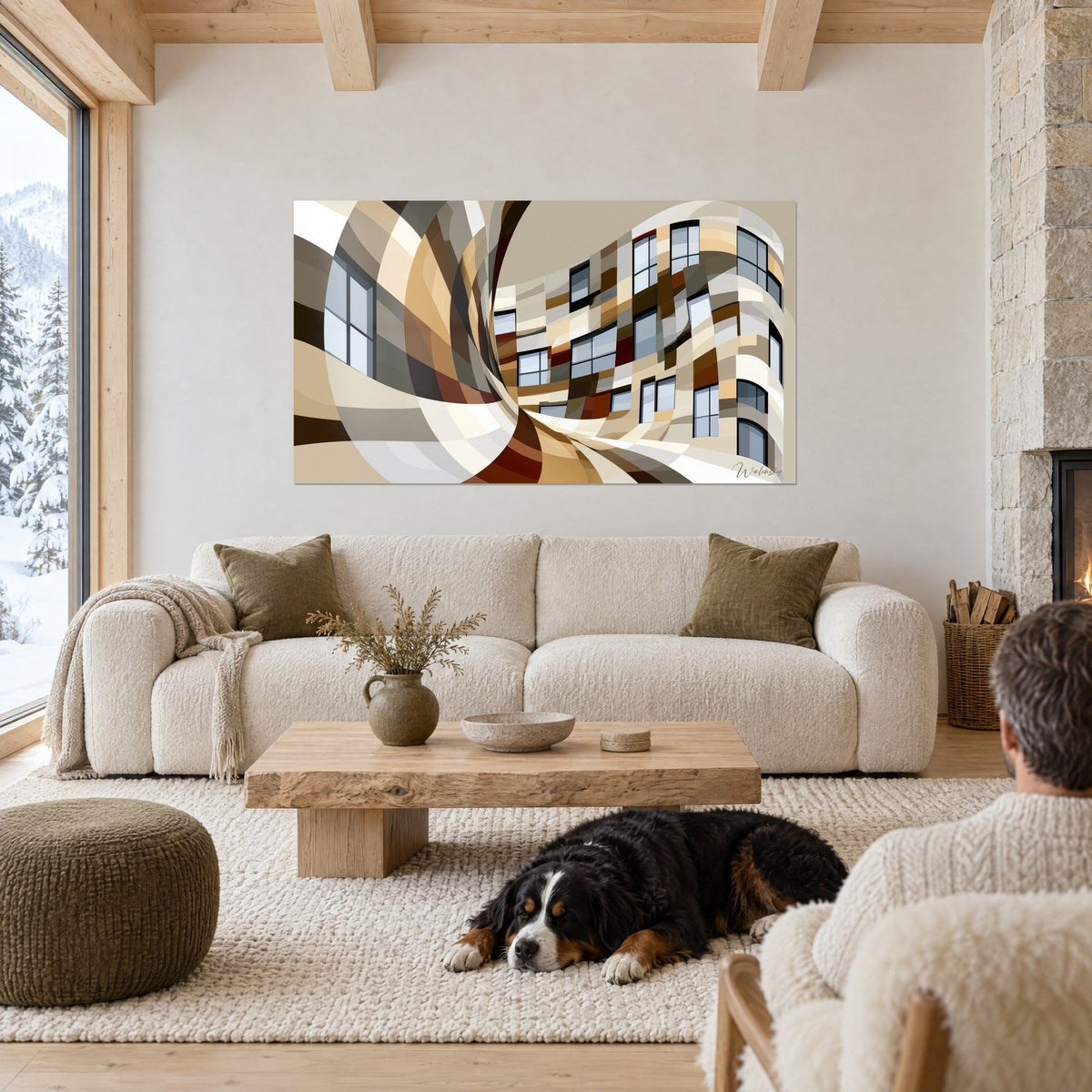 Tableau façade tourbillonnante brune et beige, fenêtres grises en spirale, au-dessus d'un canapé dans un salon lumineux