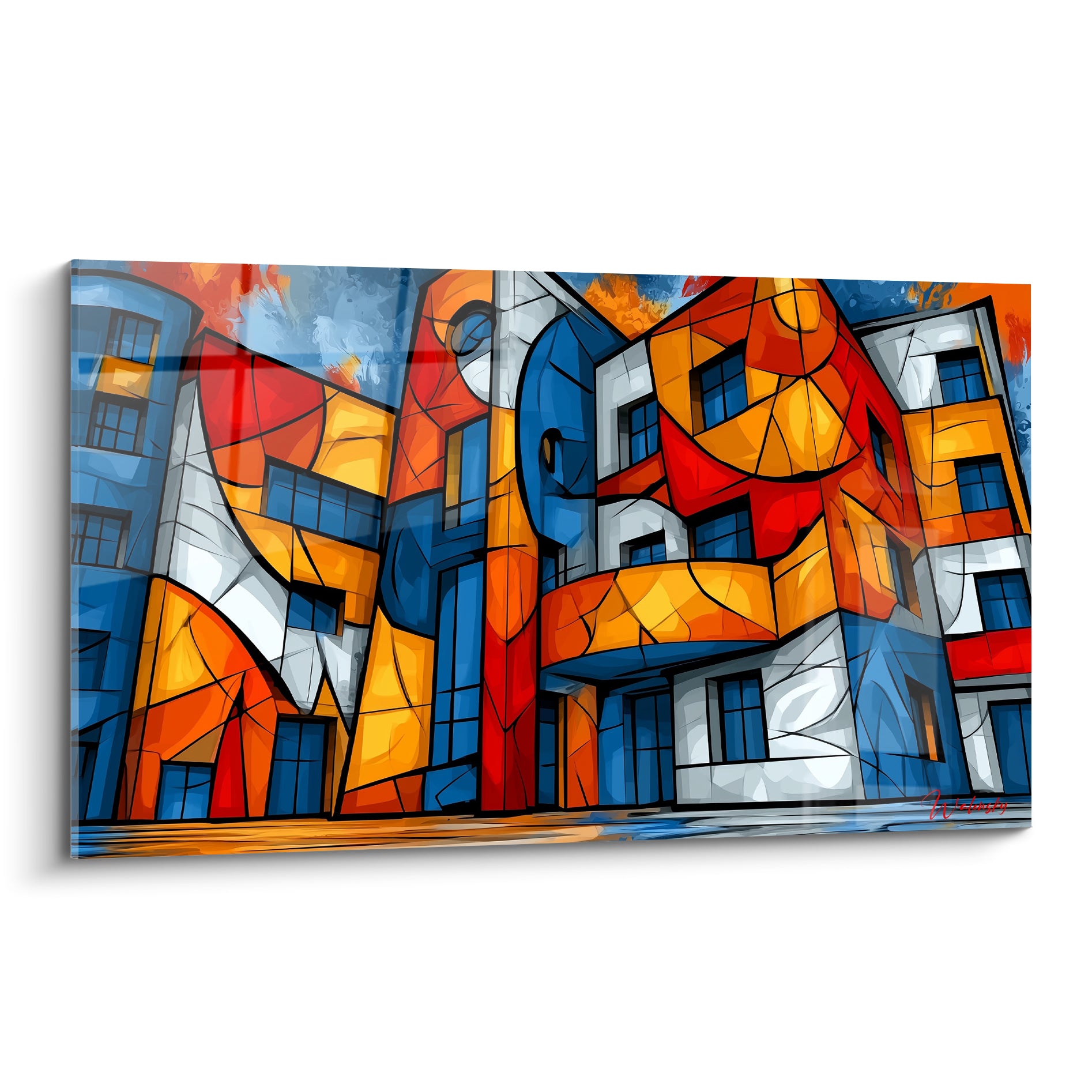 Immeuble fragmenté bleu marine et orange, style cubiste, tableau architecture abstrait sur toile