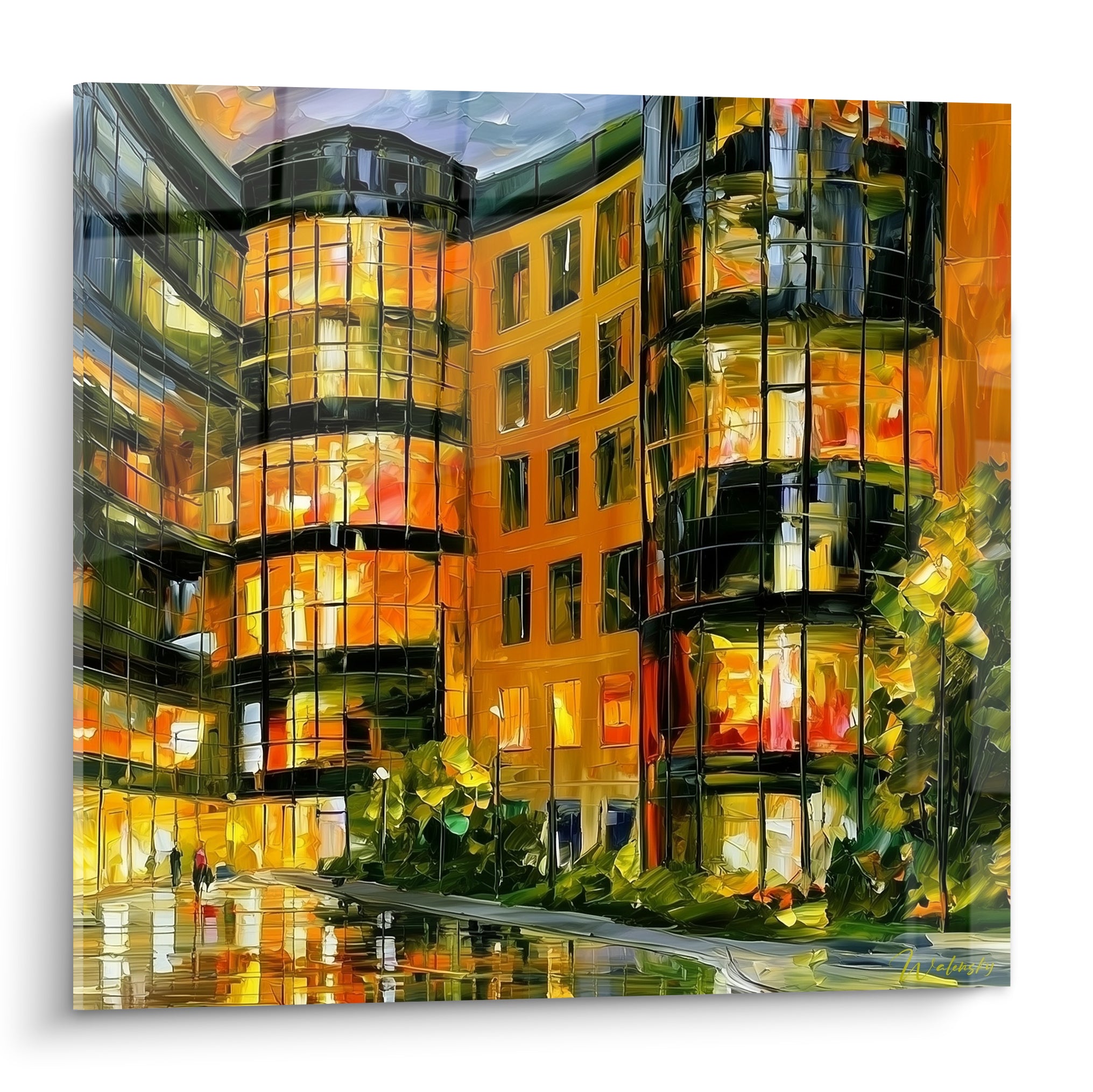 Immeuble vitré aux tons doré et orange, façades anthracite, tableau architecture abstrait nocturne