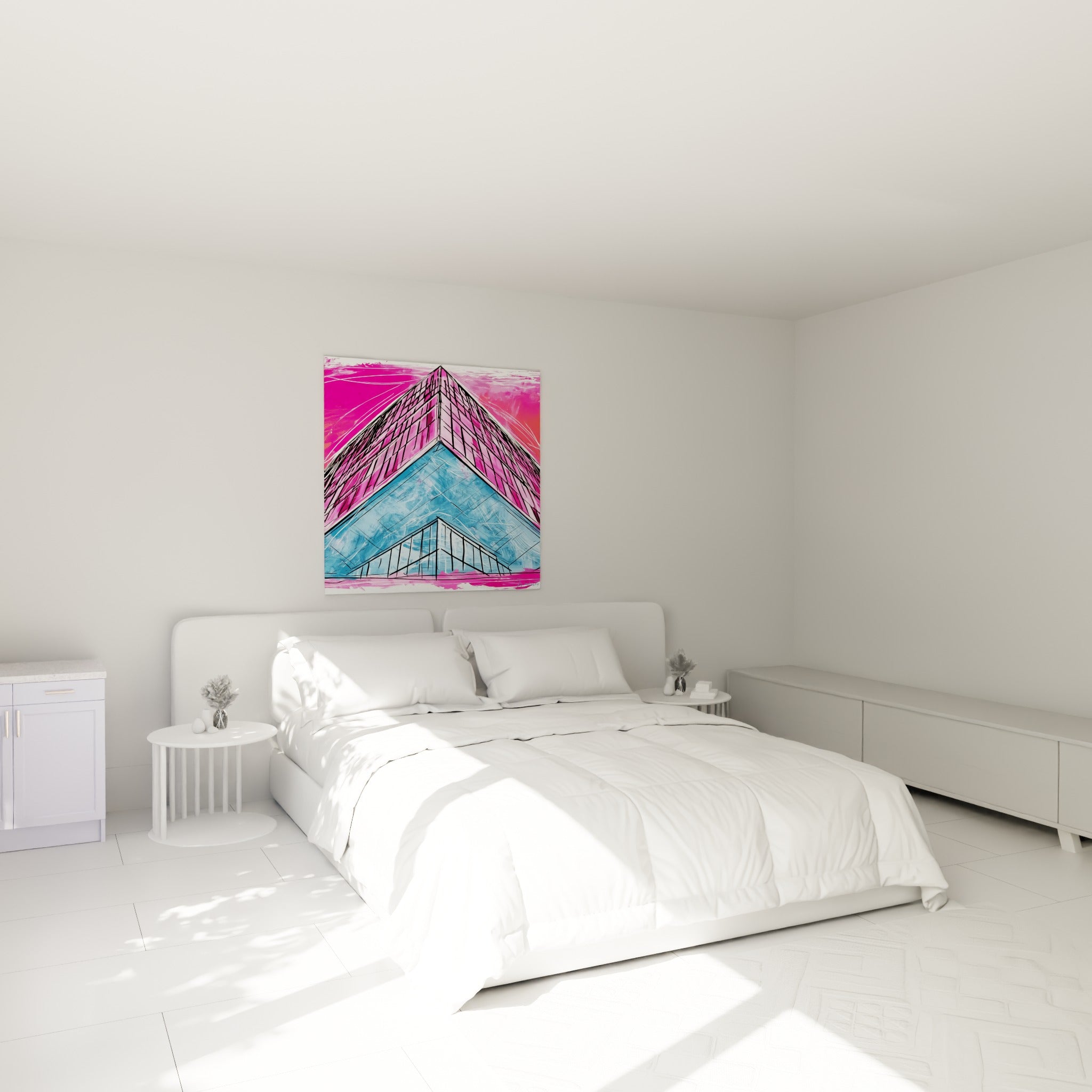 Immeuble en architecture abstraite rose et bleu ciel accroché au-dessus d'un lit dans une chambre claire