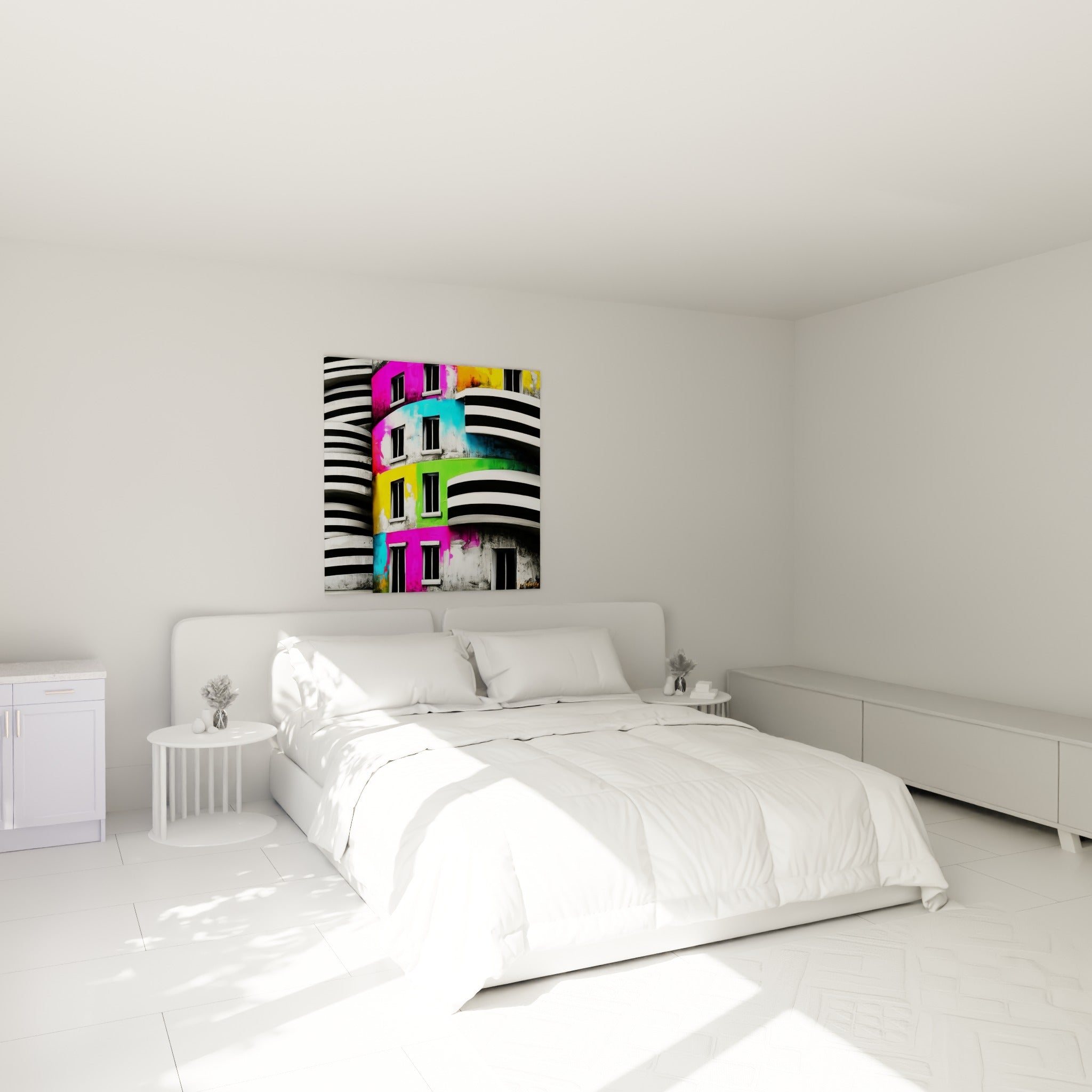 Immeuble multicolore aux fenêtres grises accroché au-dessus d'un lit dans une chambre claire