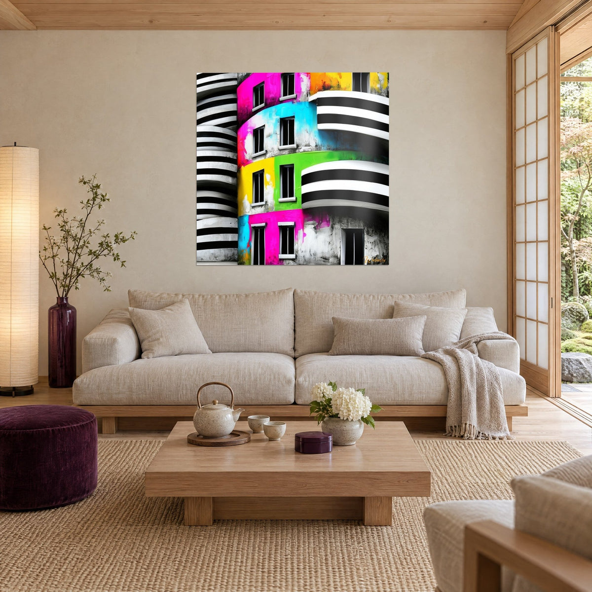 Tableau façade rose et bleu aux balcons courbes rayés noir et blanc, taches vertes et jaunes, au-dessus d'un canapé dans un salon lumineux