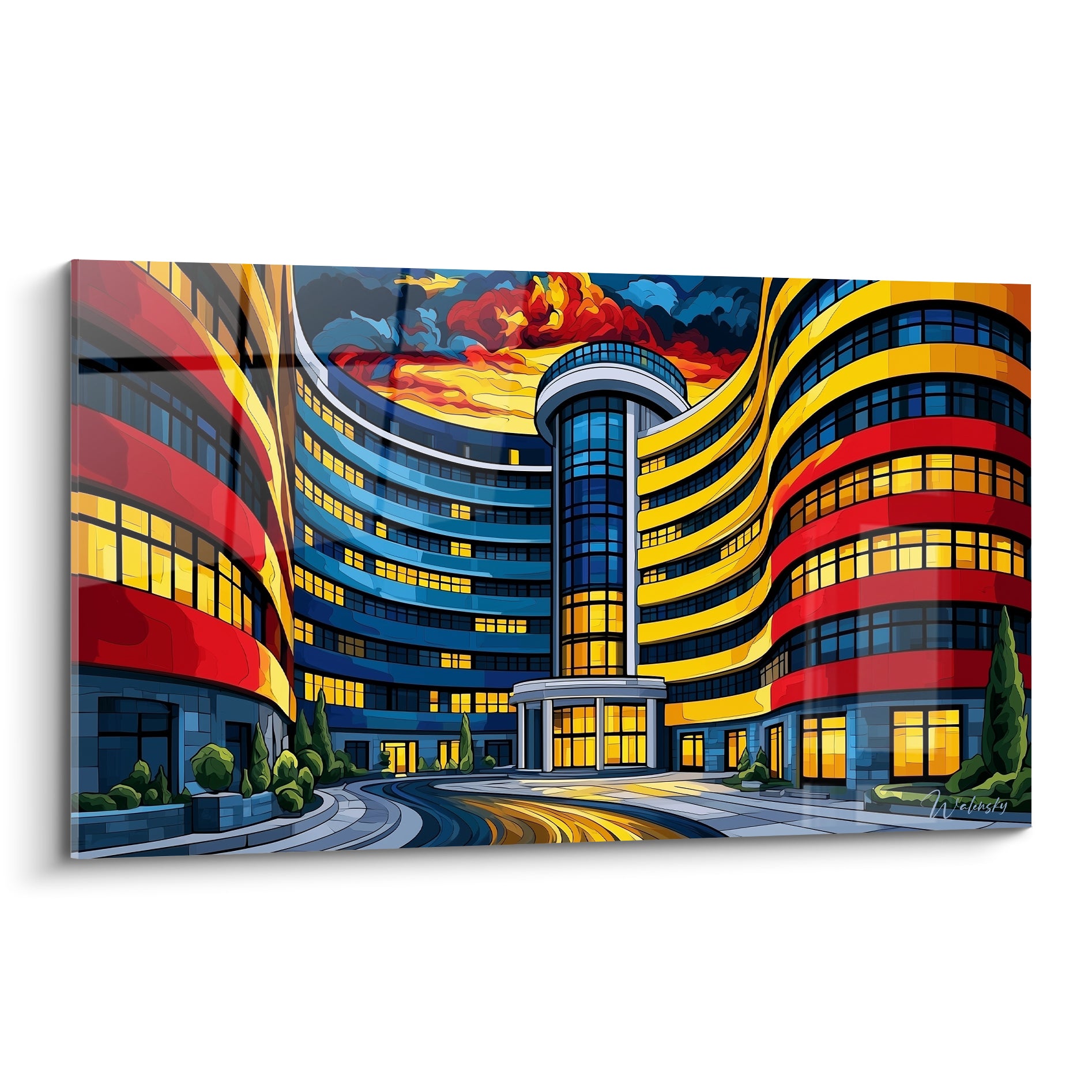 Immeuble incurvé rouge et jaune sous un ciel embrasé, tableau architecture abstrait aux fenêtres dorées