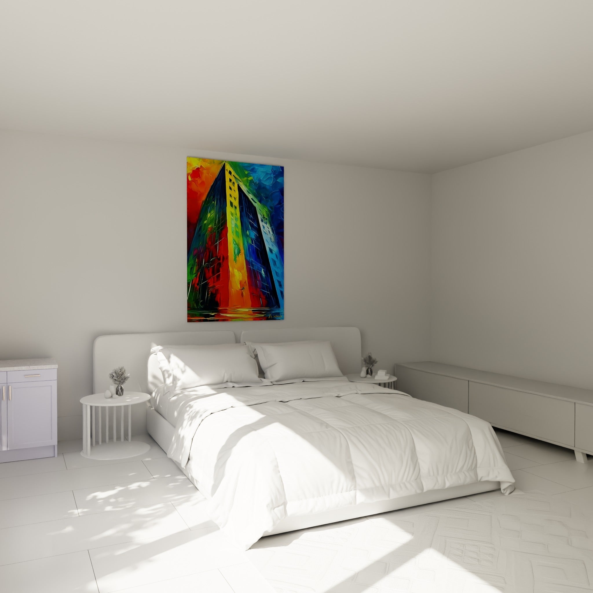 Immeuble stylisé aux teintes rouge et bleu marine, accroché au-dessus d'un lit dans une chambre claire