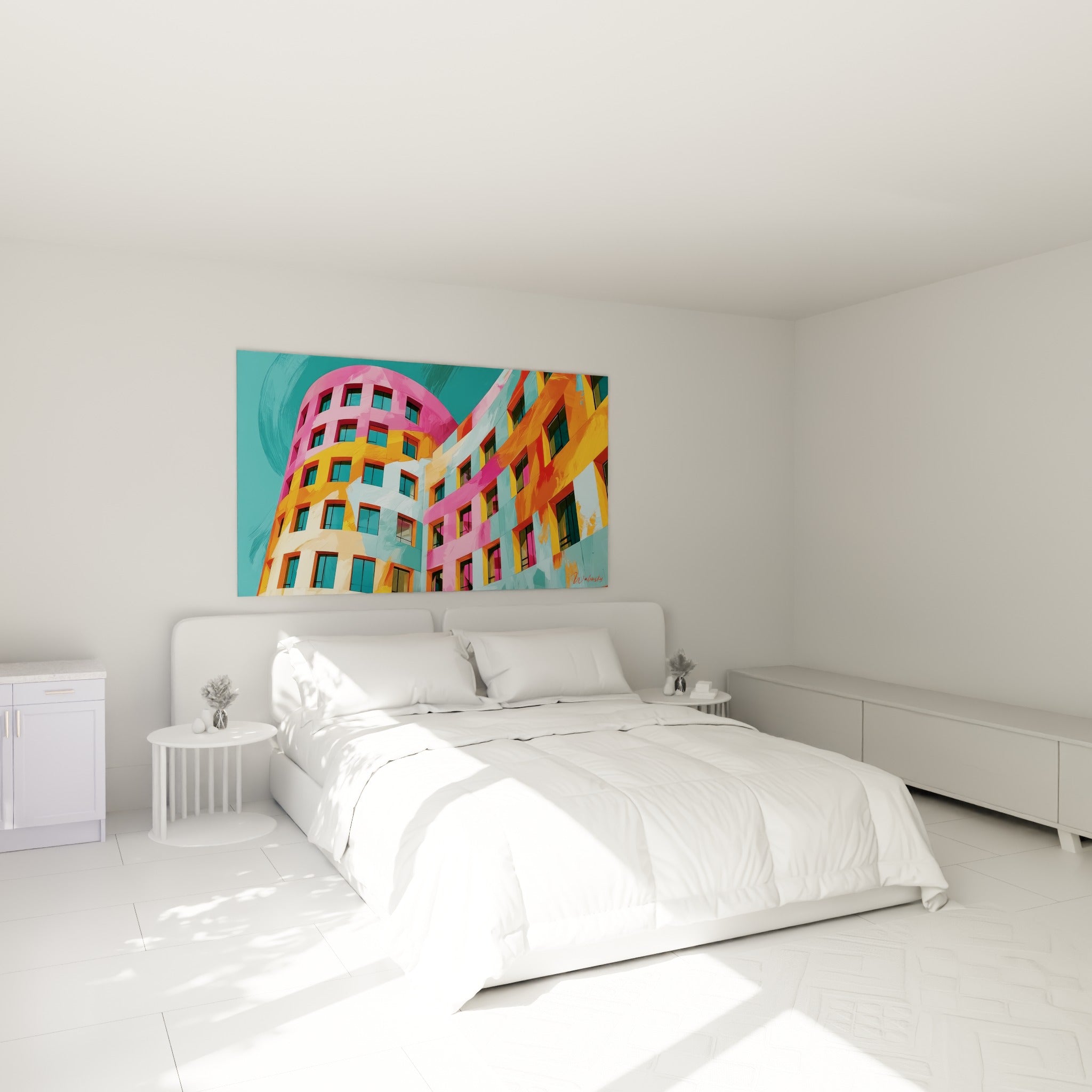 Façade colorée rose et turquoise de cette architecture abstrait, accrochée au-dessus d'un lit dans une chambre claire