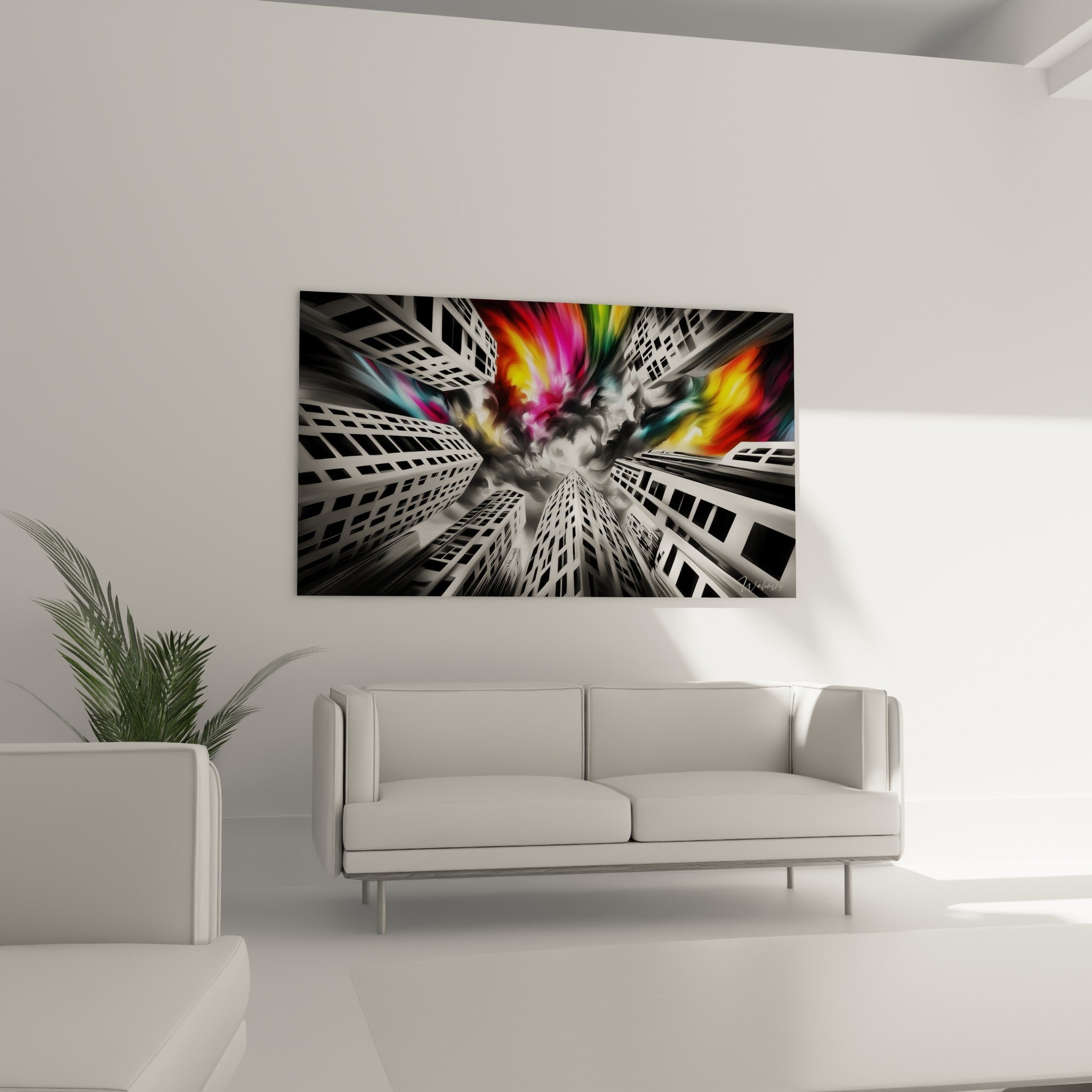 Immeubles anthracite et ciel turquoise magenta enflammé au-dessus d'un canapé dans un salon lumineux
