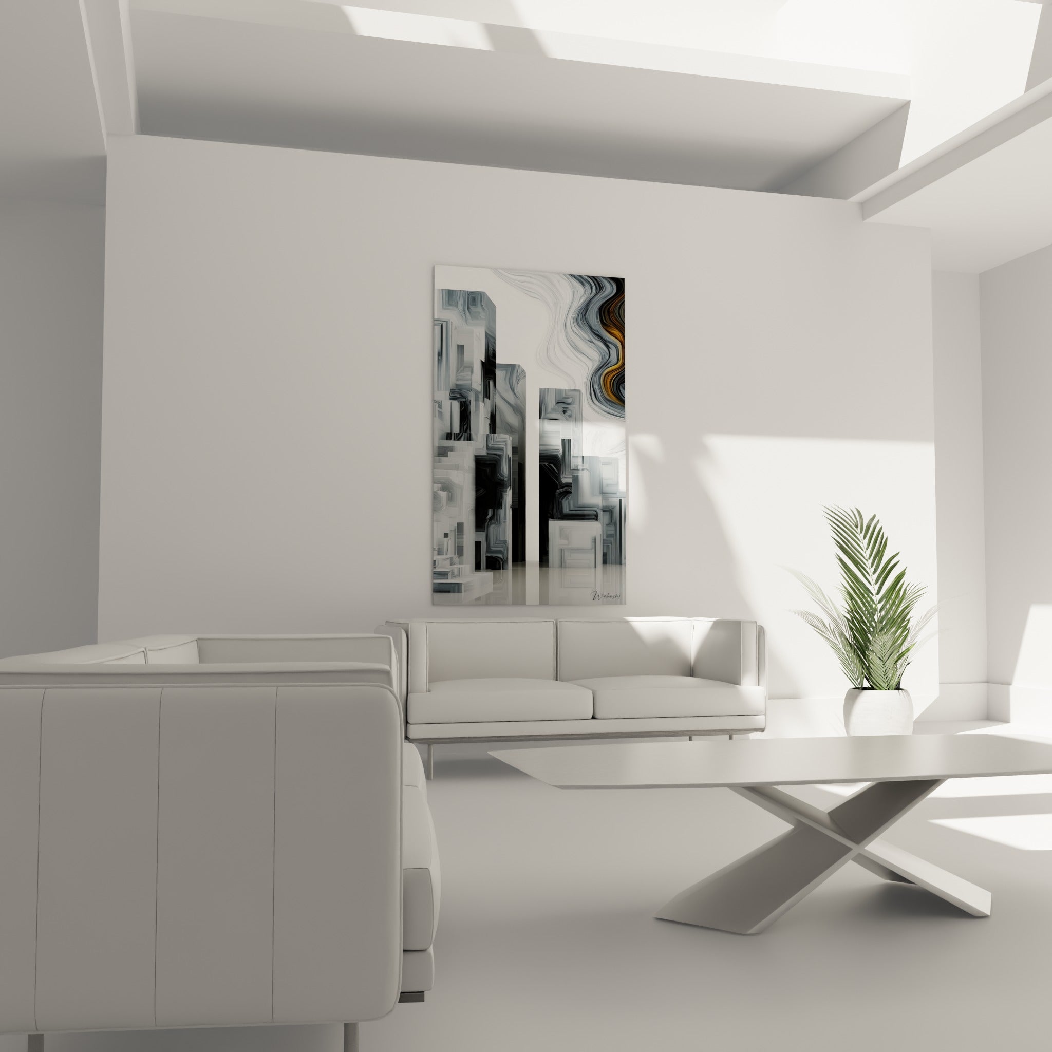 Immeubles anthracite et blancs traversés de volutes ocre, tableau architecture abstraite au-dessus d'un canapé dans un salon lumineux