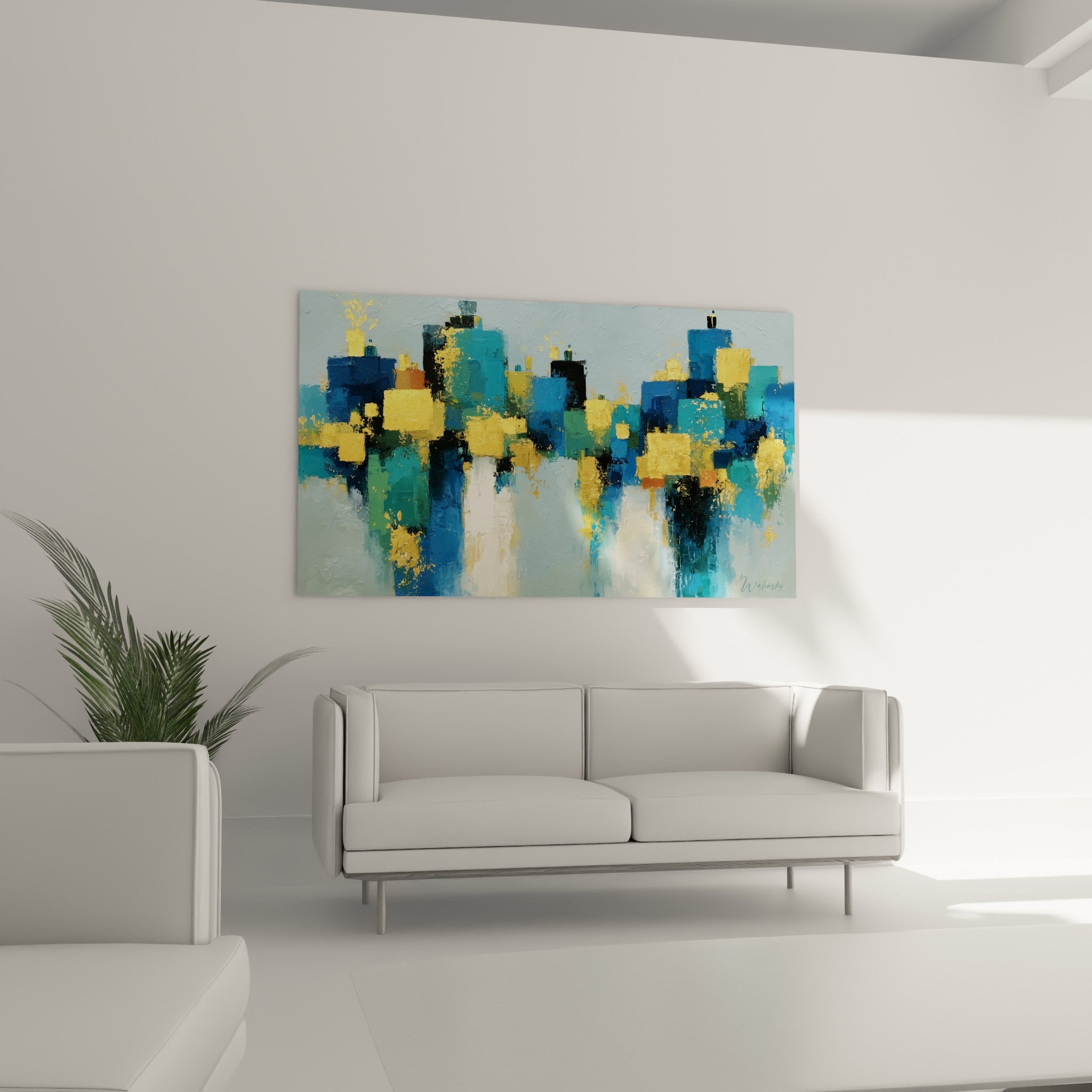 Tours abstraites bleu sauge et or scintillant, au-dessus d'un canapé dans un salon lumineux