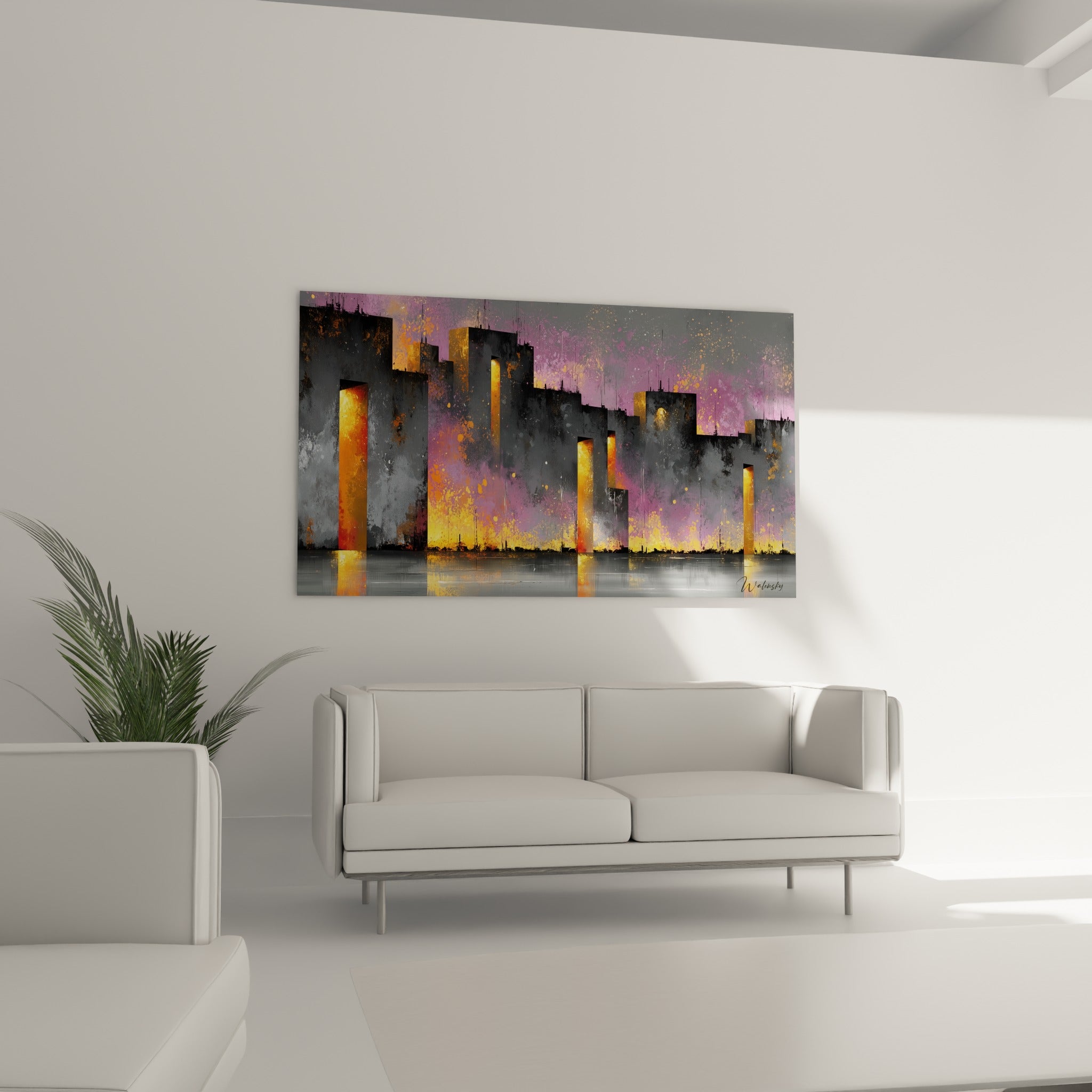 Tours embrasées anthracite et or de ce tableau architecture abstrait au-dessus d'un canapé dans un salon lumineux
