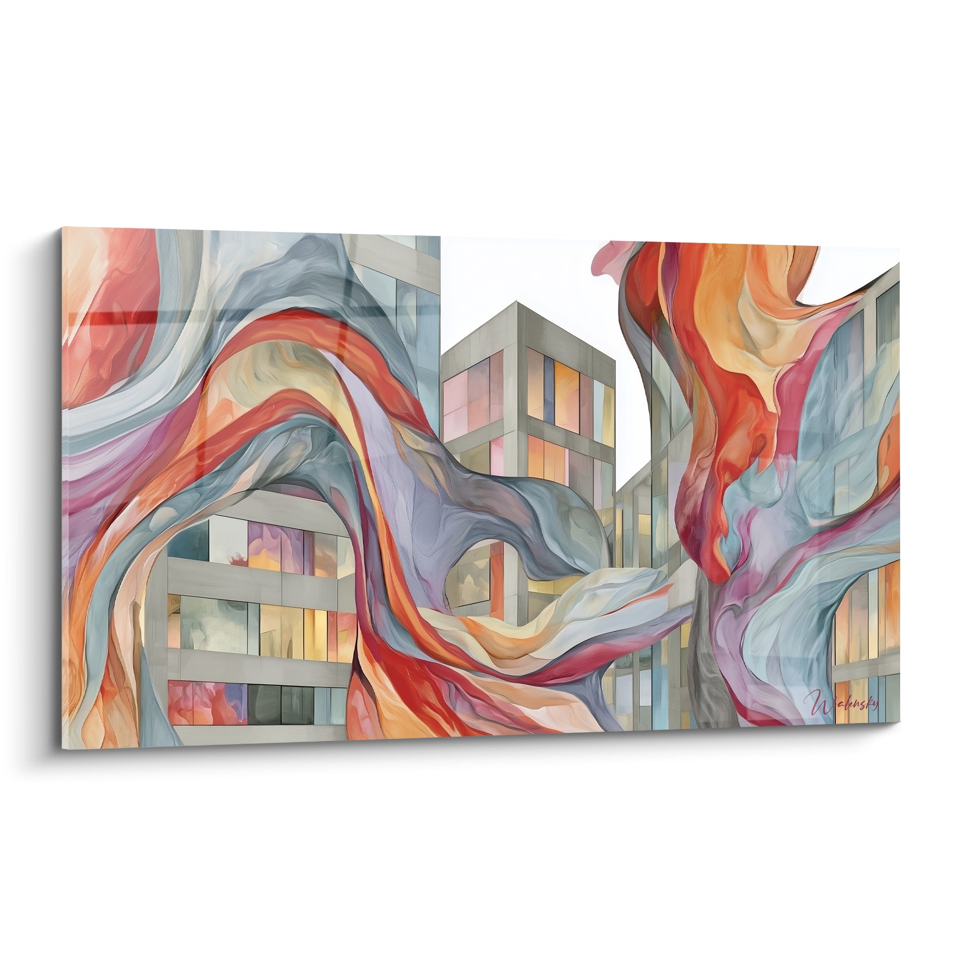Immeubles fondus en vagues orange et bleu ardoise, tableau architecture abstrait aux courbes fluides