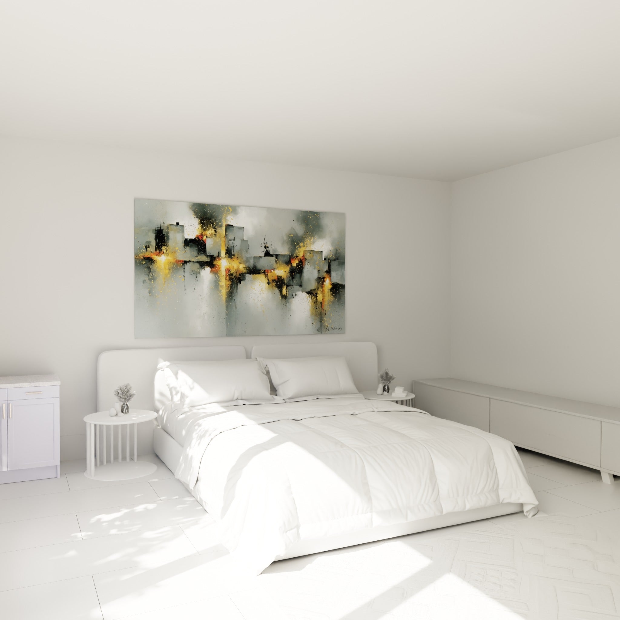 Immeubles fantomatiques gris et touches dorées au-dessus d'un lit dans une chambre claire