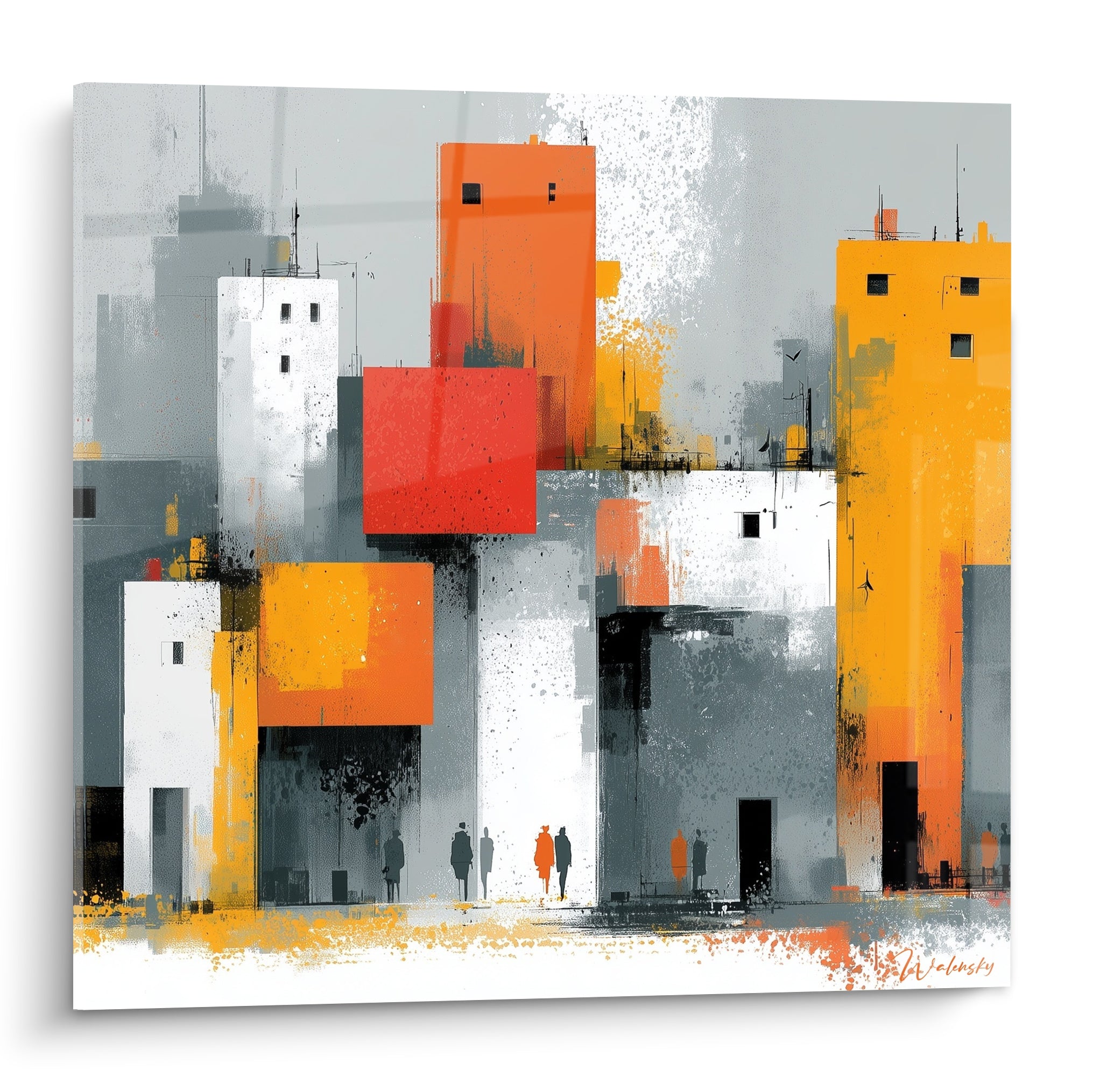 Immeubles stylisés en gris anthracite, orange vif et rouge, silhouettes marchant entre les façades
