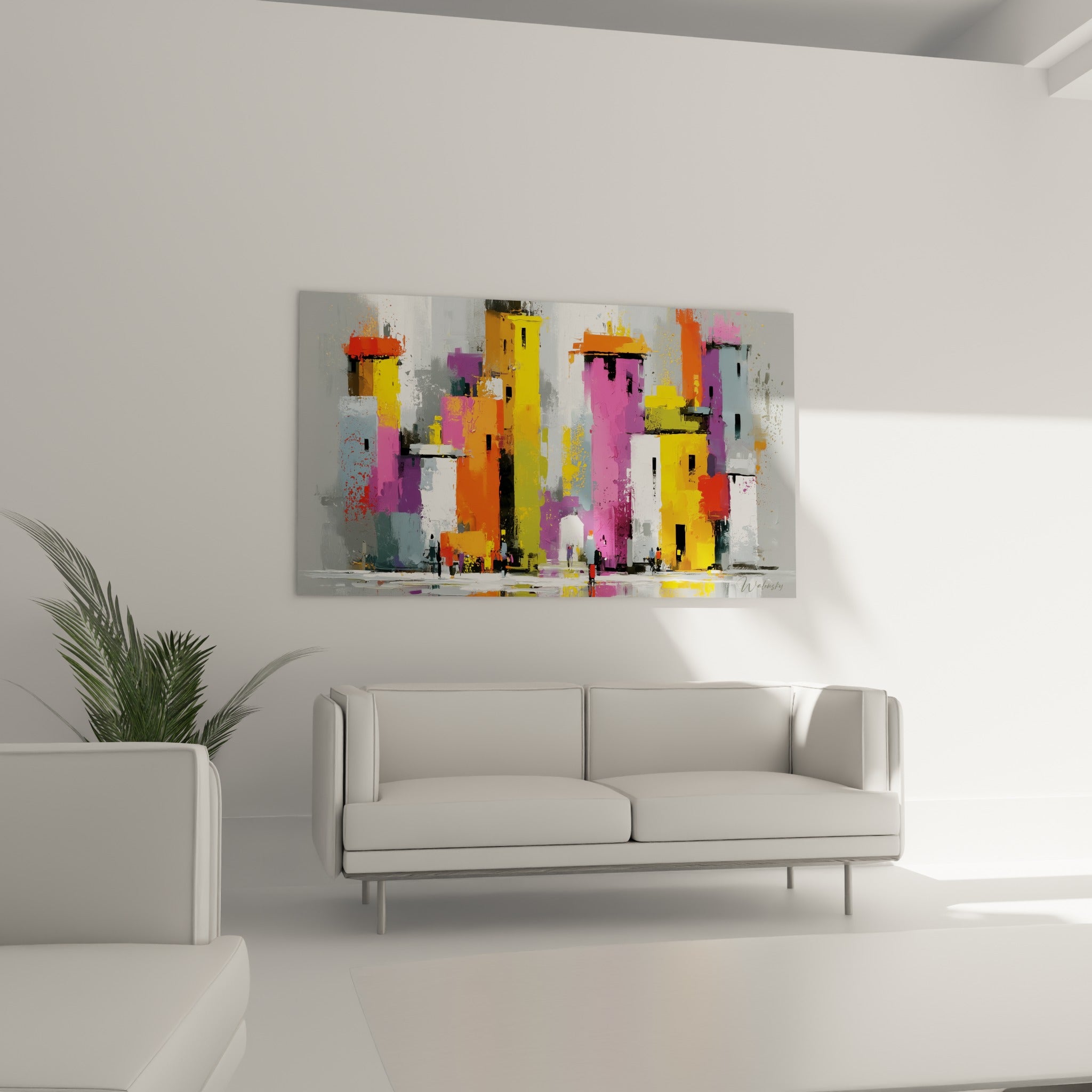 Immeubles colorés rose et orange à la texture sculptée au-dessus d'un canapé dans un salon lumineux