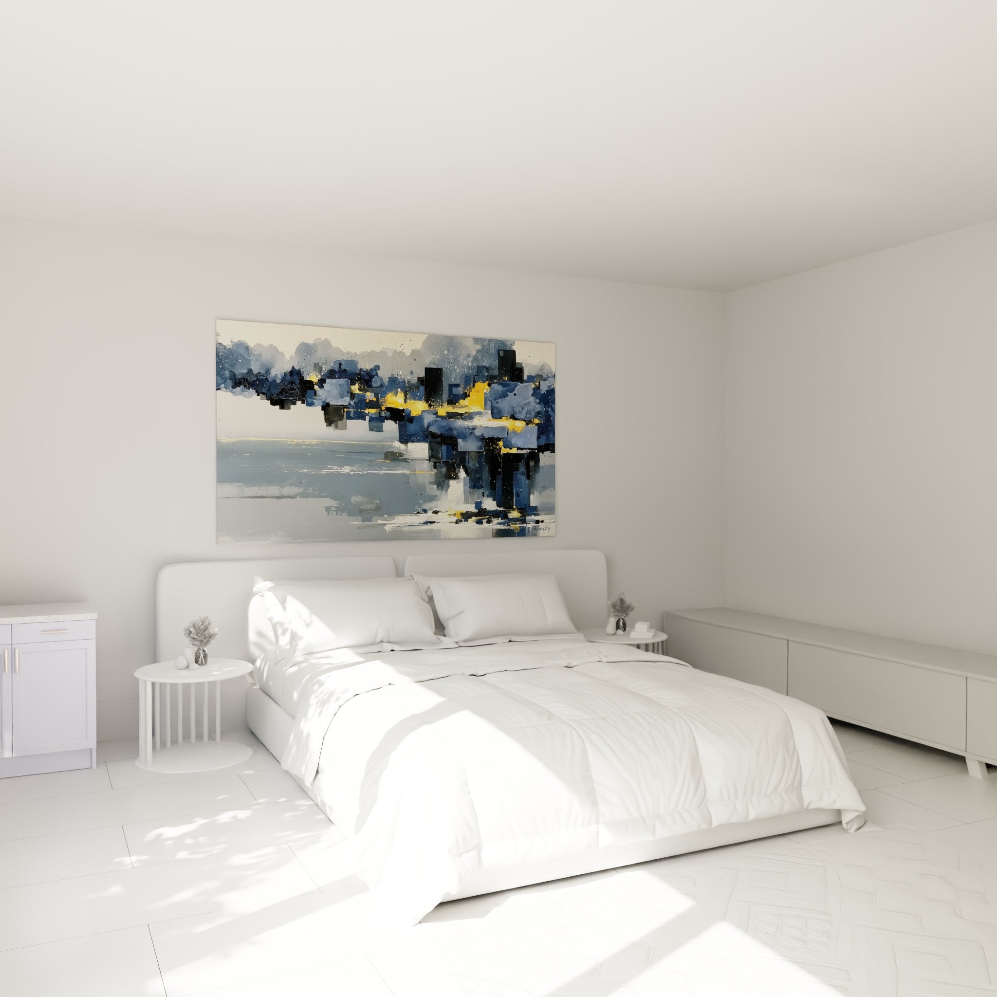 Immeubles stylisés en bleu marine et or se reflétant sur l'eau, au-dessus d'un lit dans une chambre claire