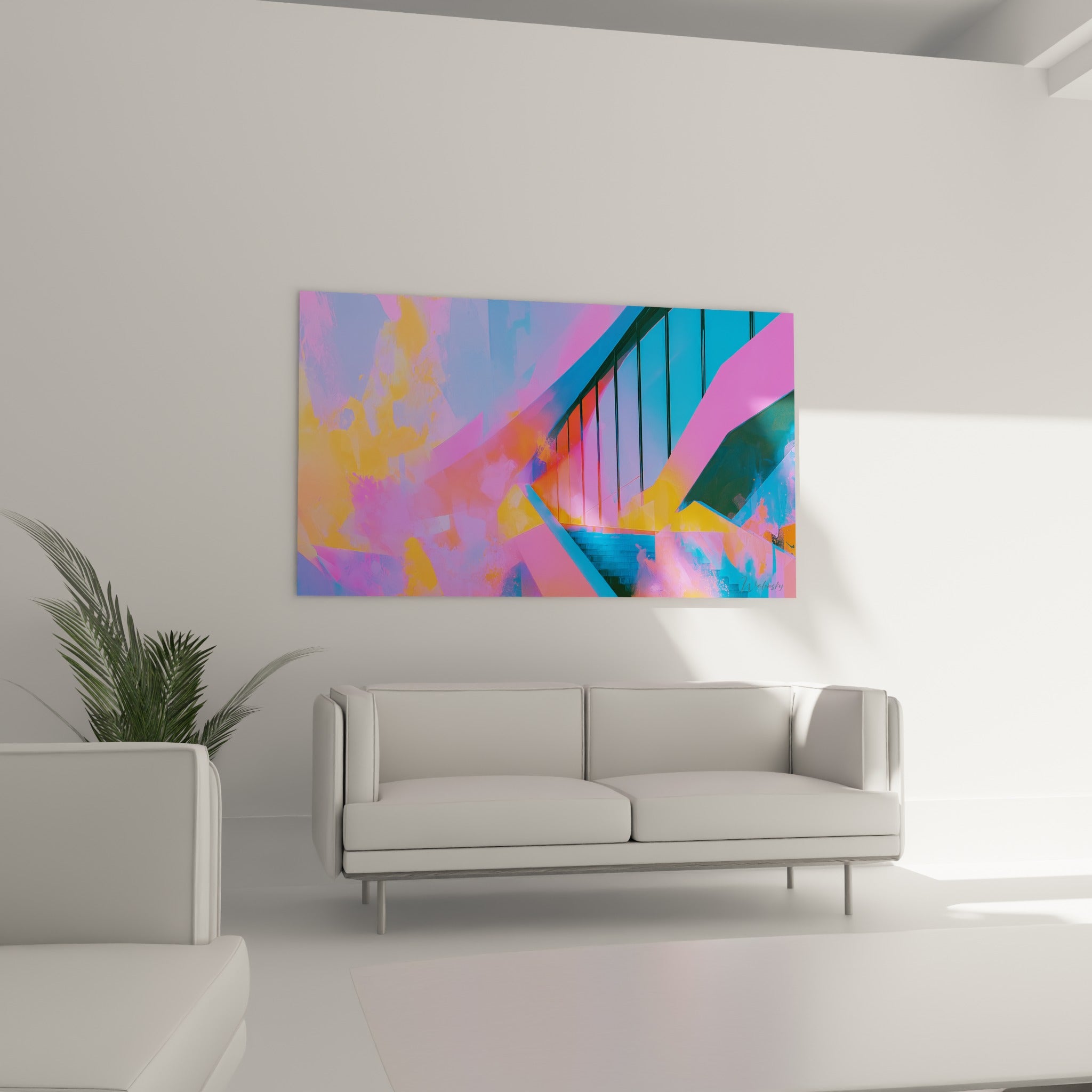 Lignes diagonales orangées et fuchsia évoquant une architecture vitrée, au-dessus d'un canapé dans un salon lumineux