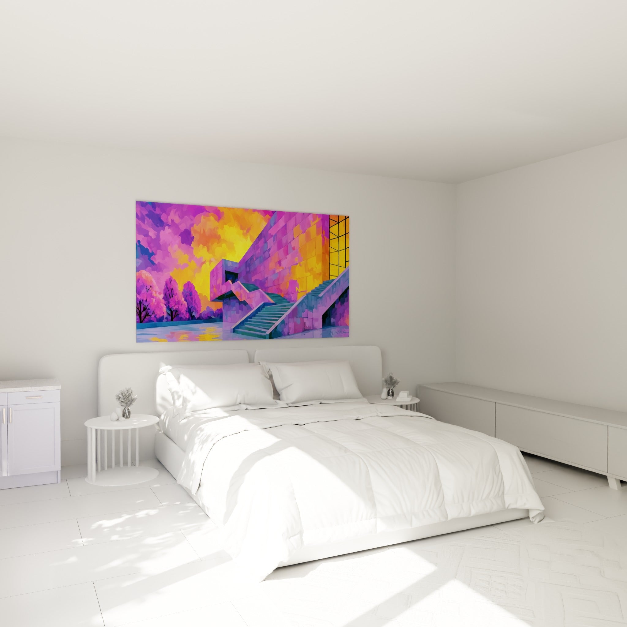 Marches de pierre violette et dorée, architecture abstraite accrochée au-dessus d'un lit dans une chambre claire