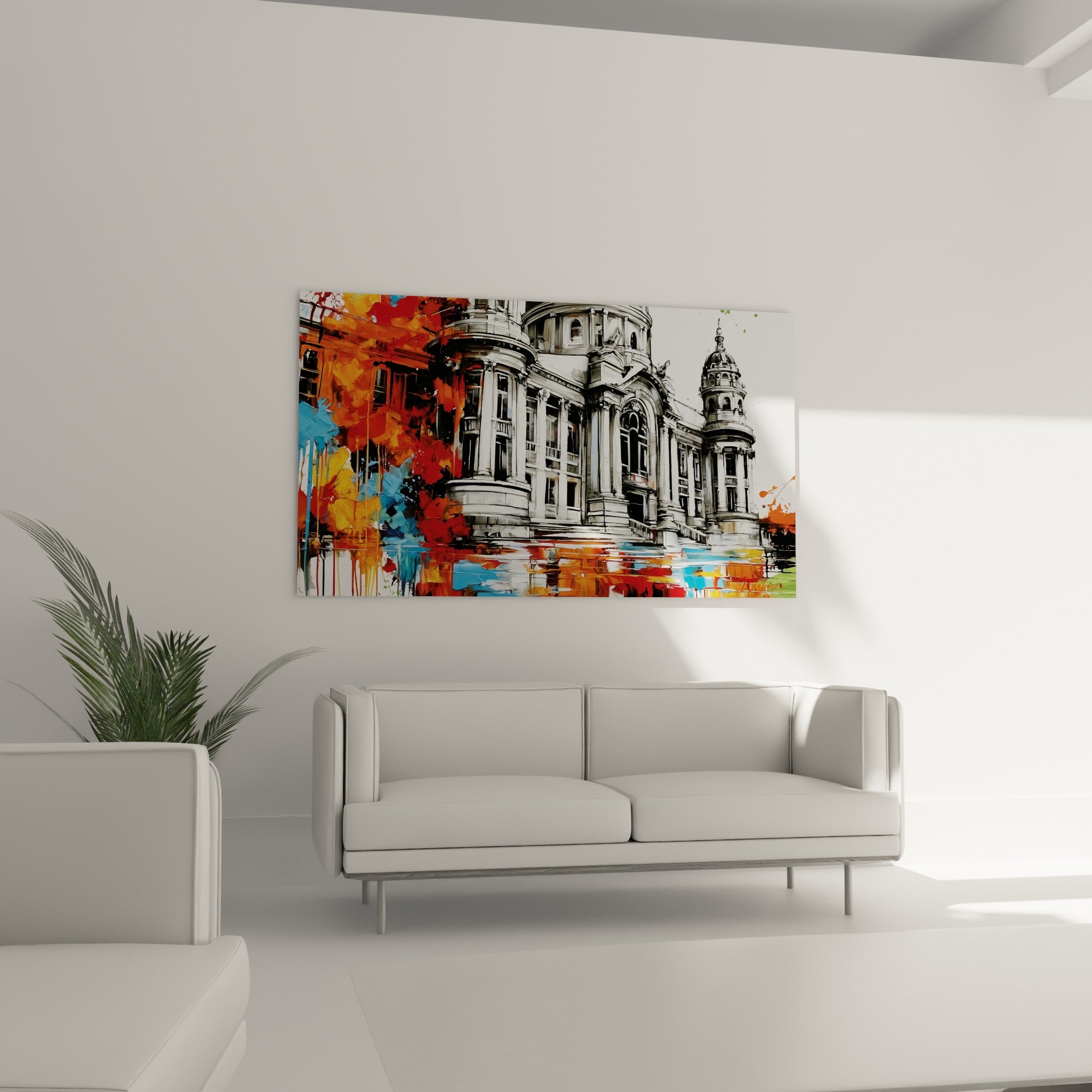 Monument en camaïeu de gris avec coulures bleues et orange vif, au-dessus d'un canapé dans un salon lumineux