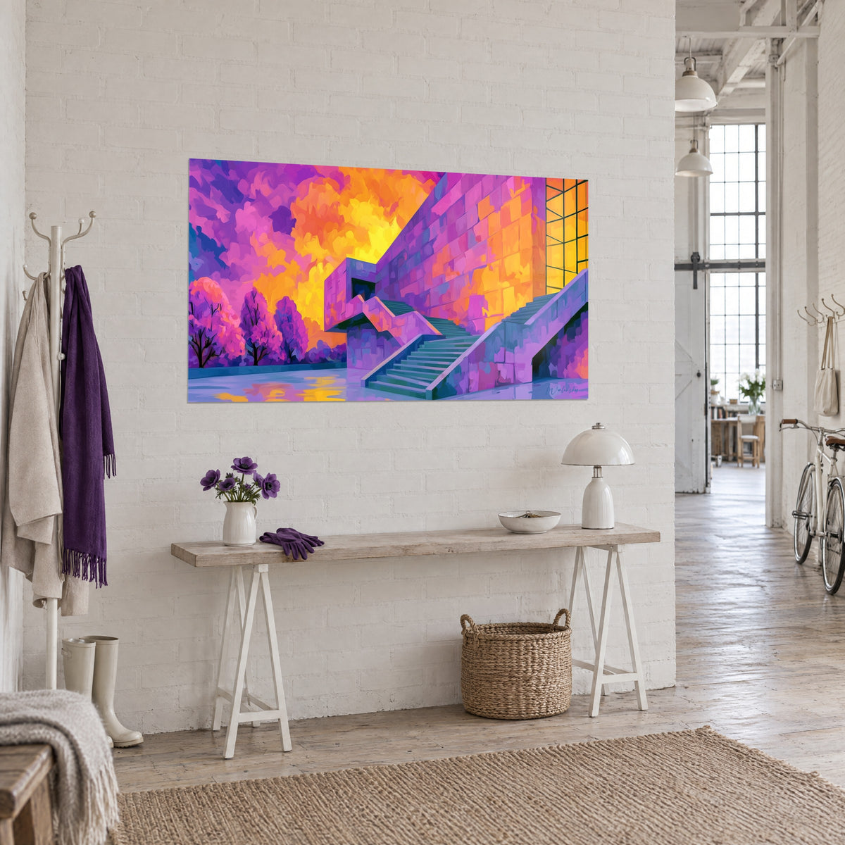 Quadro blocco di pietra malva e giallo brillante, rampe di gradini azzurrati, alberi rosa, vista di tre quarti in un loft d'artista