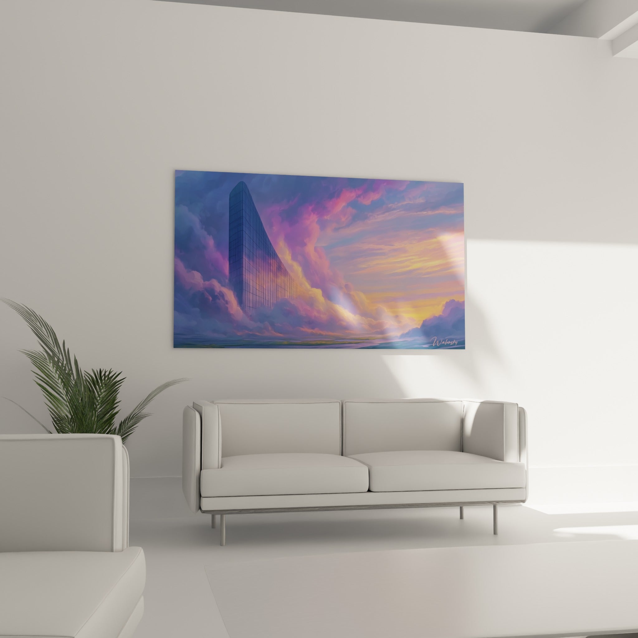 Nuages violets et dorés enveloppant un gratte-ciel élancé, tableau architecture abstrait au-dessus d'un canapé dans un salon lumineux