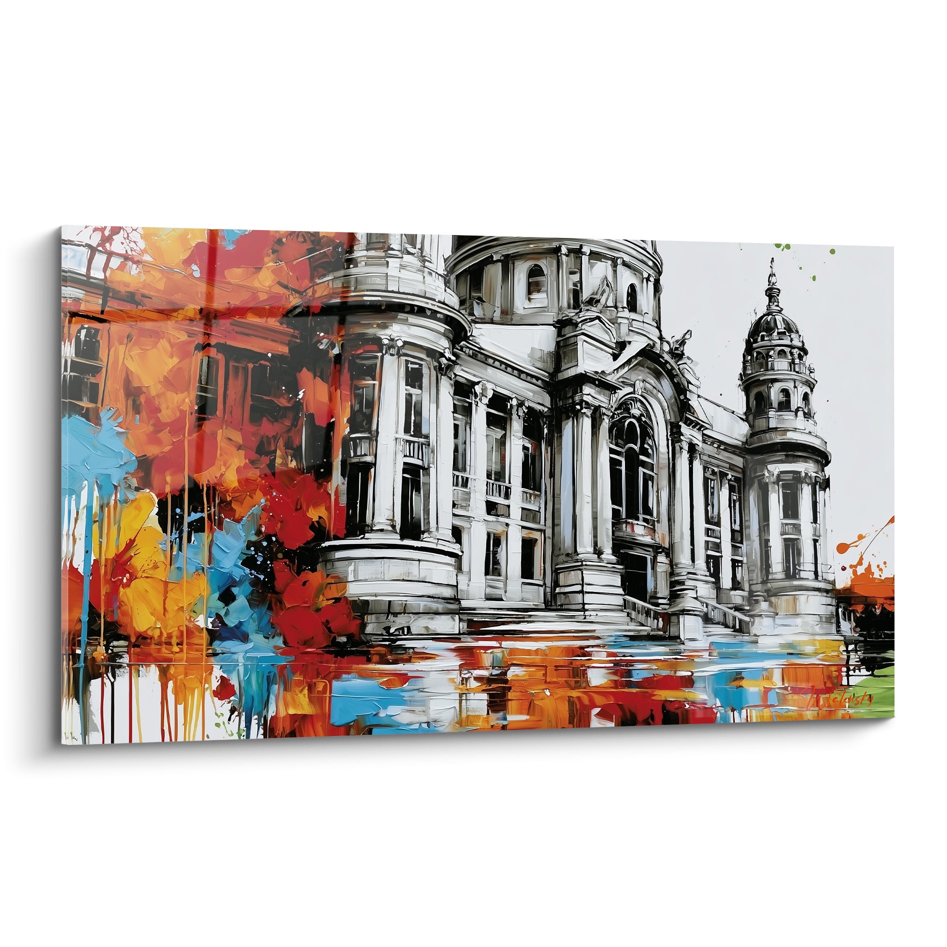 Palais classique en gris traversé d'éclaboussures orange, jaune et bleu ciel vibrantes