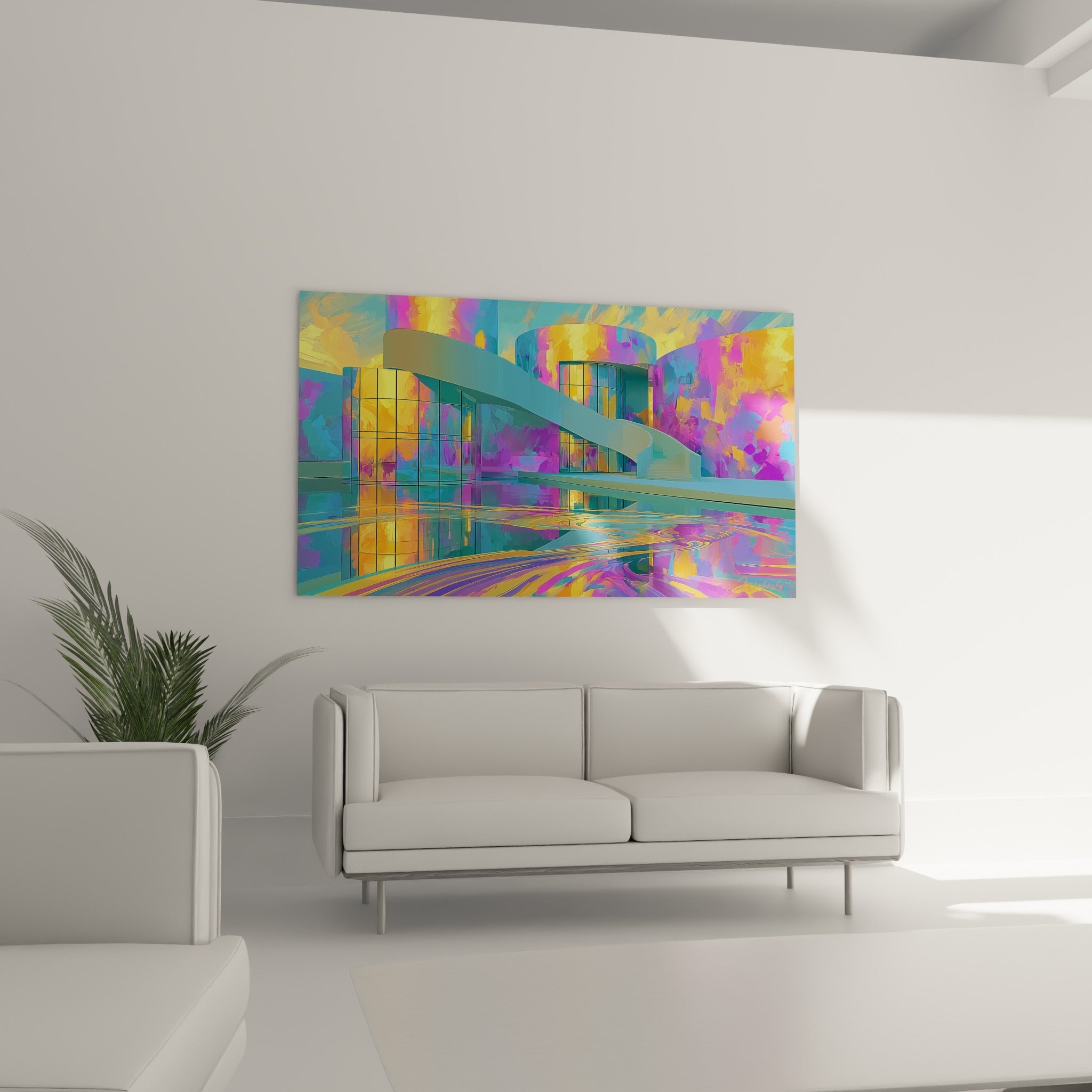 Passerelle bleutée et tours dorées de ce tableau architecture abstrait, au-dessus d'un canapé dans un salon lumineux