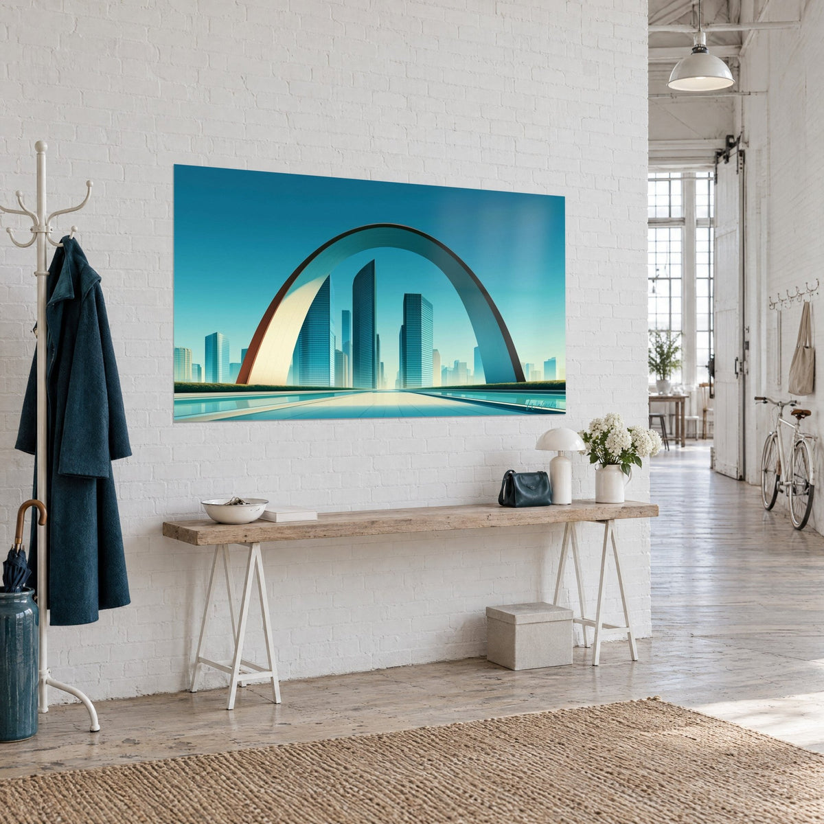 Tableau porte géante en courbe crème, bordée de rouille, ouvrant sur des tours bleues, vue de trois-quarts dans un loft d'artiste